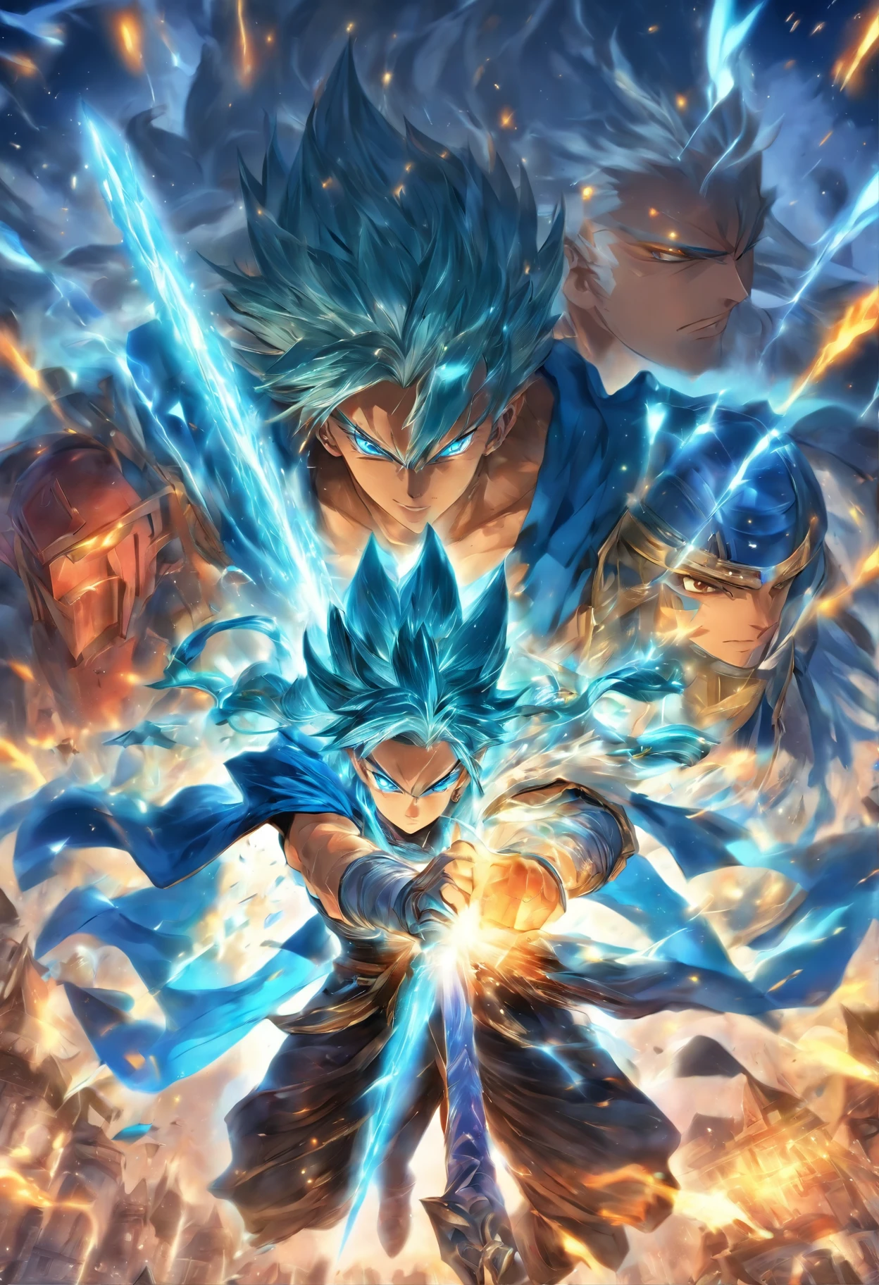 foreshortening, profundidade de campo, master part, best quality, 1rapaz, blue hairs , olhos azuis, cabelos longos, no ar, bolha de ar,sorrindo, sozinho, Olhando para o Viewer com uma espada de fogo azul, armadura medieval , flutuando, luz solar fraca,