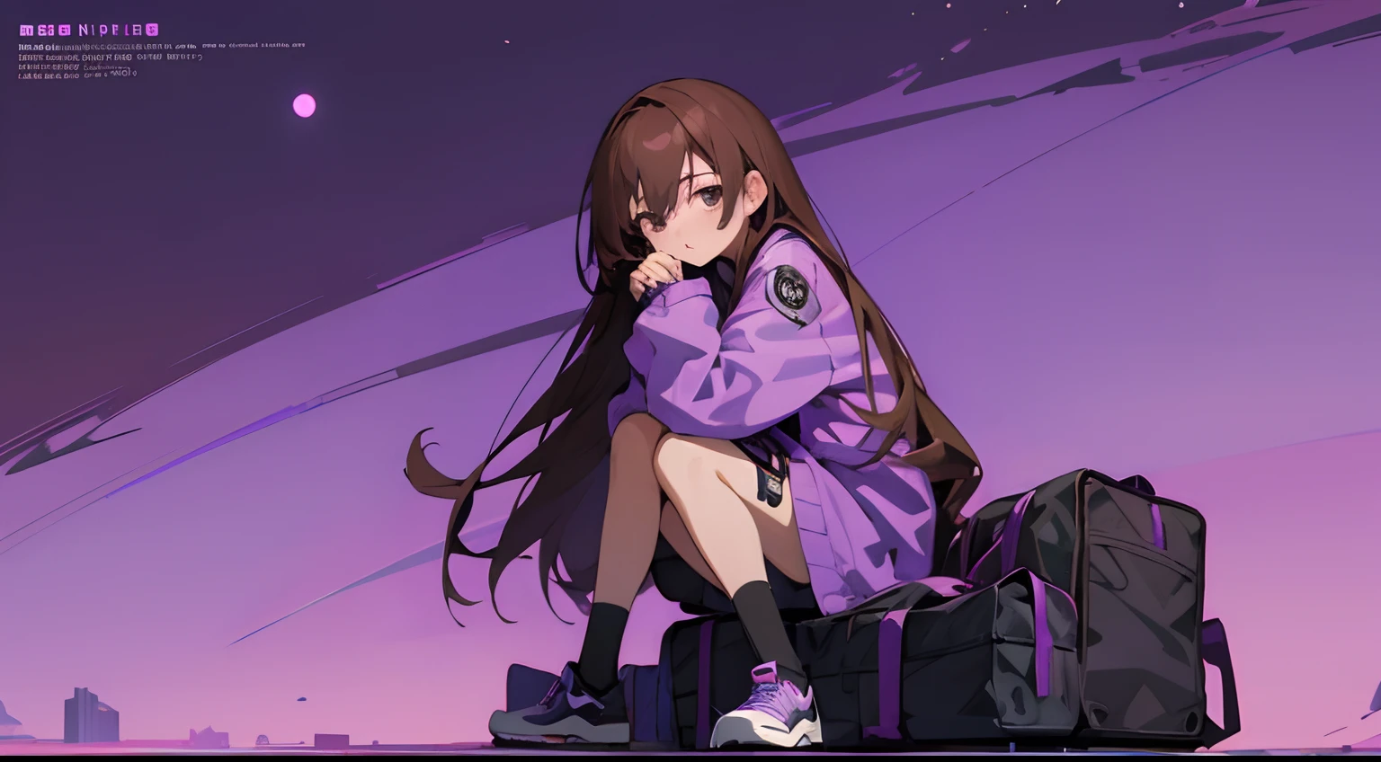 Anime girl sitting on ground, purple nightsky, purple background, wallpaper, simple background, magazine cover, brown long hair, streetwear