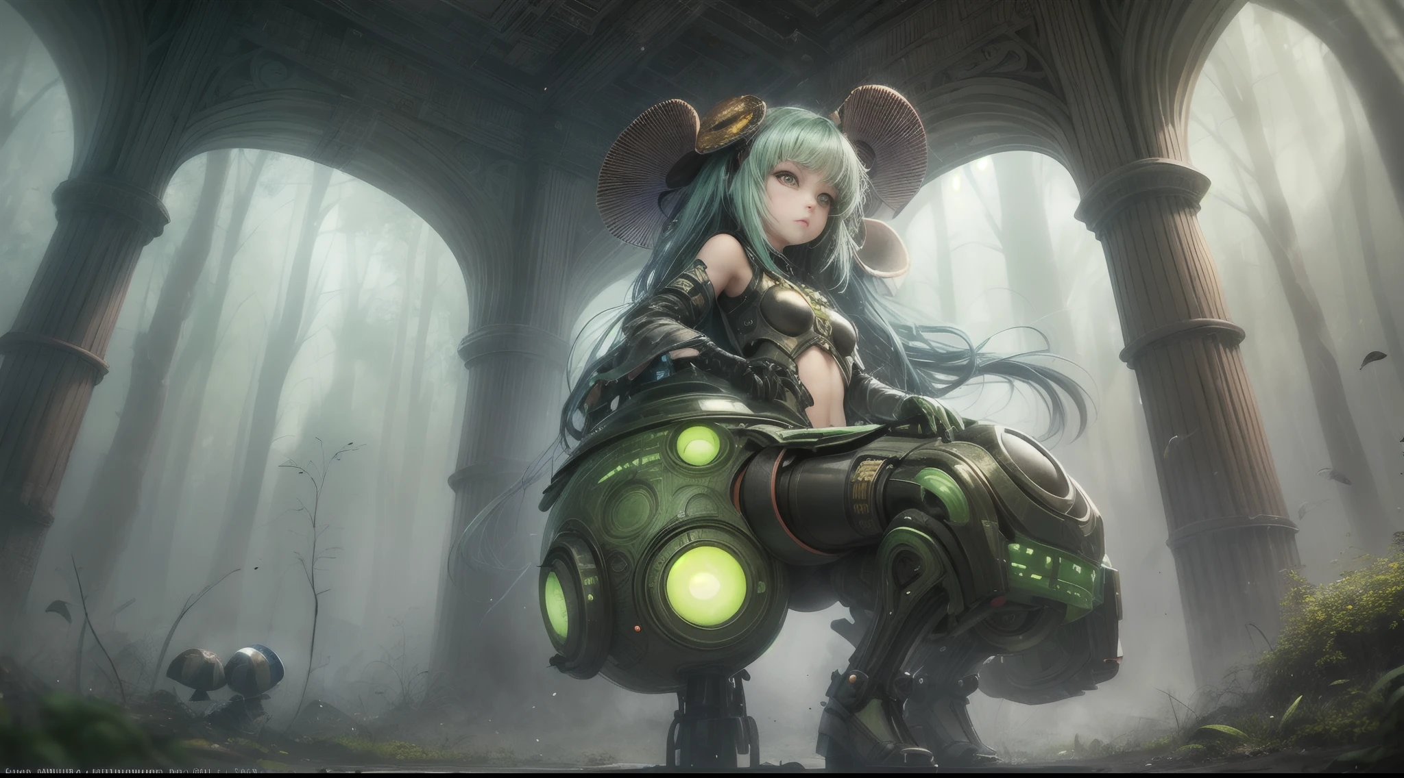 cute big eyes translucent green mushroom droids and a beautyfull girl,virus fight the droids,by Daniel Merriam, Nikolina Petolas, Peter Gric, Dariusz Klimcza full colors, hair backlighting, back lighting, volumetric lighting, 8K, perfect eyes, perfect pupils, expressive eyes, hands by Albrecht Durer, smoke, particle fx, mist, fog, fire, explosions, debris,