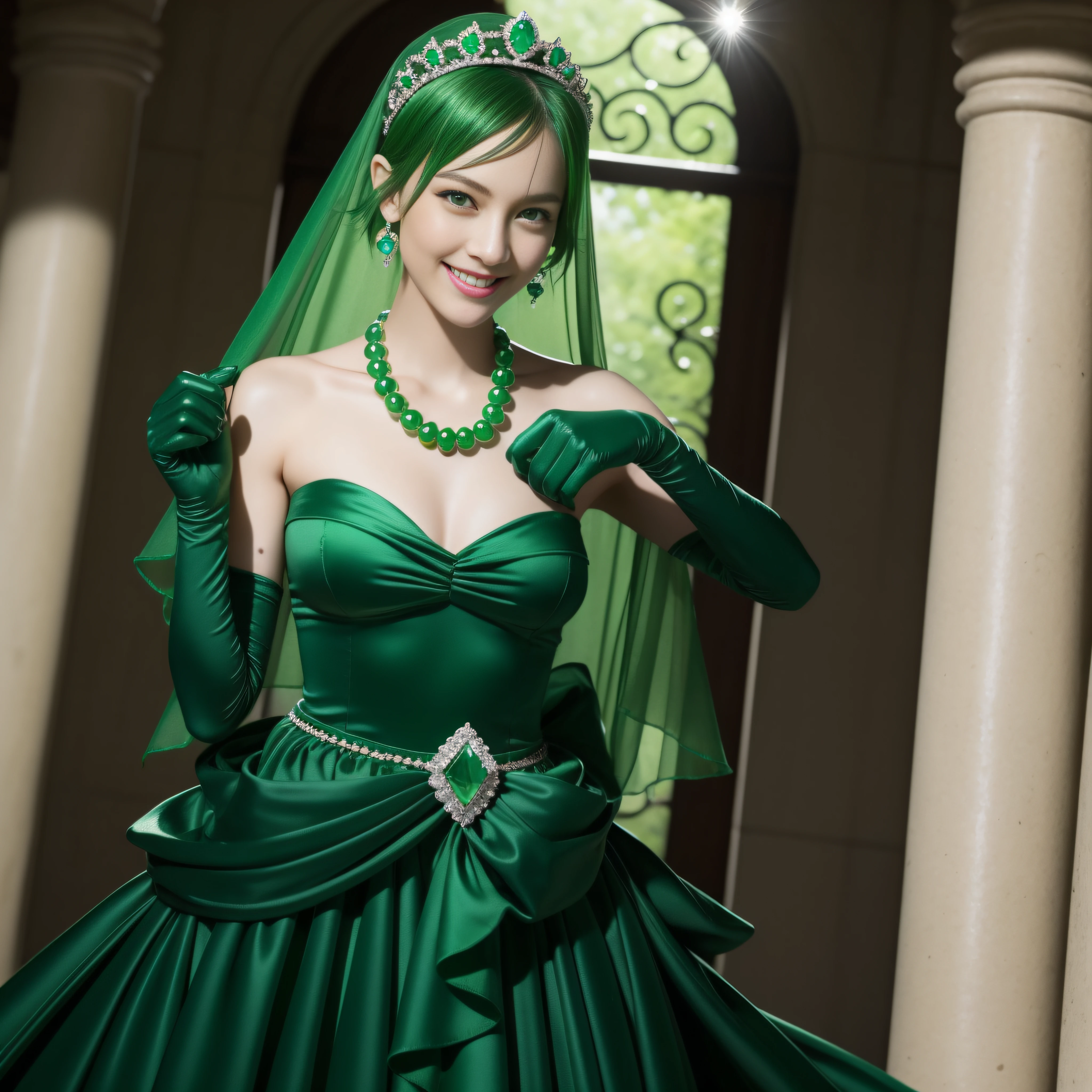 emerald tiara, Green Pearl Necklace, Boyish very short green hair, lipsticks, Japan woman smiling, very short short hair, fist, big breasts beautiful, Green eyes, Long green gloves made of satin material, Green eyes, Emerald Earrings