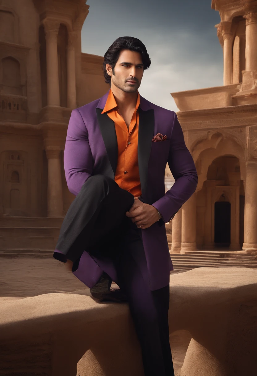 Elegant man, in his 50s, mature, dark black hair, short straight hair, hair up to neck height, orange eyes, black eye patch, gray social blouse, dark blouse underneath, purple scarf on tie, gray social pants, black social shoe, ivory colored cane, smiling discreetly, muscular man, Scenery abandoned city, wreckage, beautiful man, character standing with arm Crossed, dark hair (neck length hair tied in a ponytail), nice pose, handsome man, Indian Turban man, Full body, Full body shot, Legs crossed, Shinning shoes, pretty face, Side pose, royal elegant pose, business man, (in a striped blazer), (The surrounding environment is a luxurious and classic living room) (sand tone image)