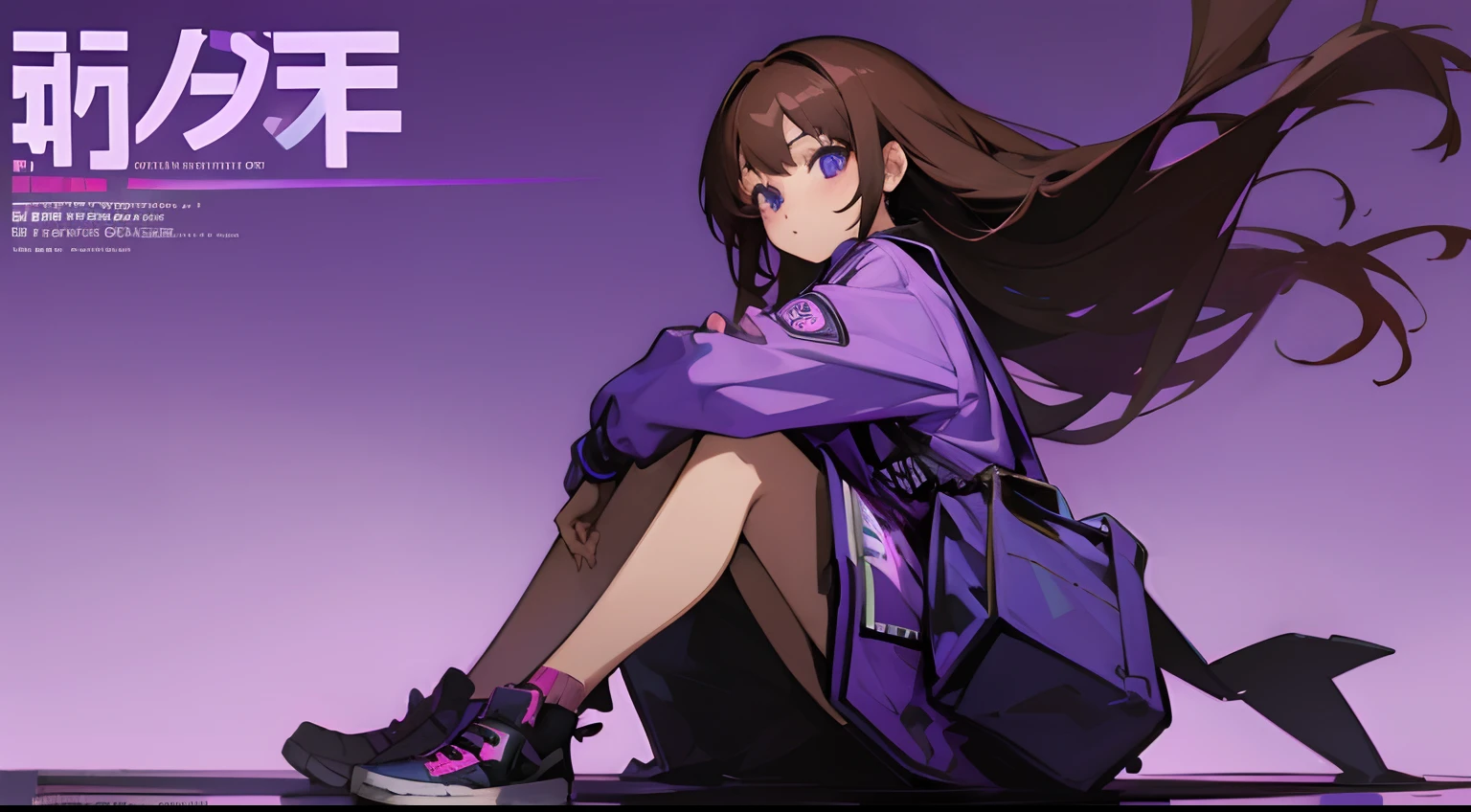 Anime girl sitting on ground, purple nightsky, purple background, wallpaper, simple background, magazine cover, brown long hair, streetwear