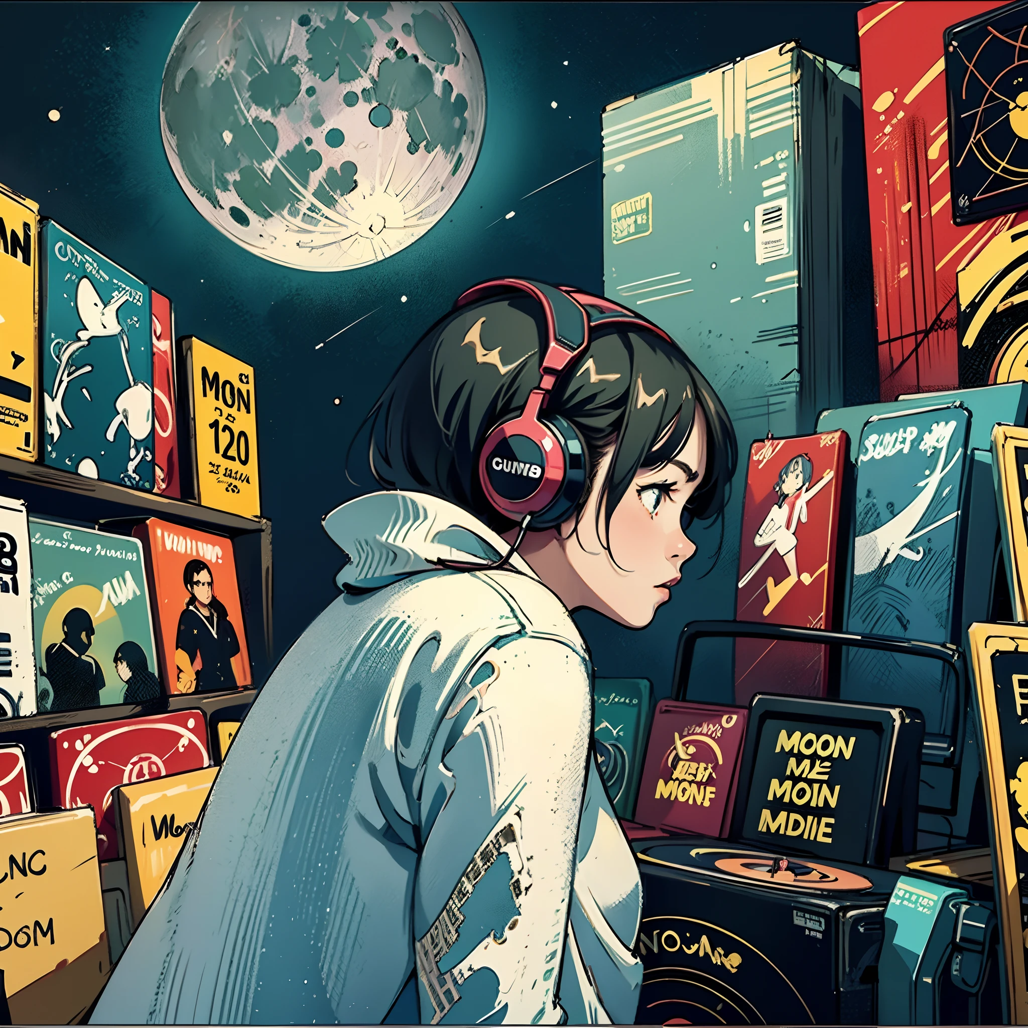 (moon:1.3), (longshot), wideshot, (film noise), old cartoon, (lots of records:1.3), vinyl record shop, (masterpiece, highest quality, highest quality, official art, beautiful and aesthetic: 1.2), (woman listening to music with 1 headphones), very detailed, (fractal art: 1.4), supreme detail, guitar, (notes: 1.4), ( lo-fi hip-hop), side view, old anime texture, solo, loudspeaker, cyberpunk, vinyl
