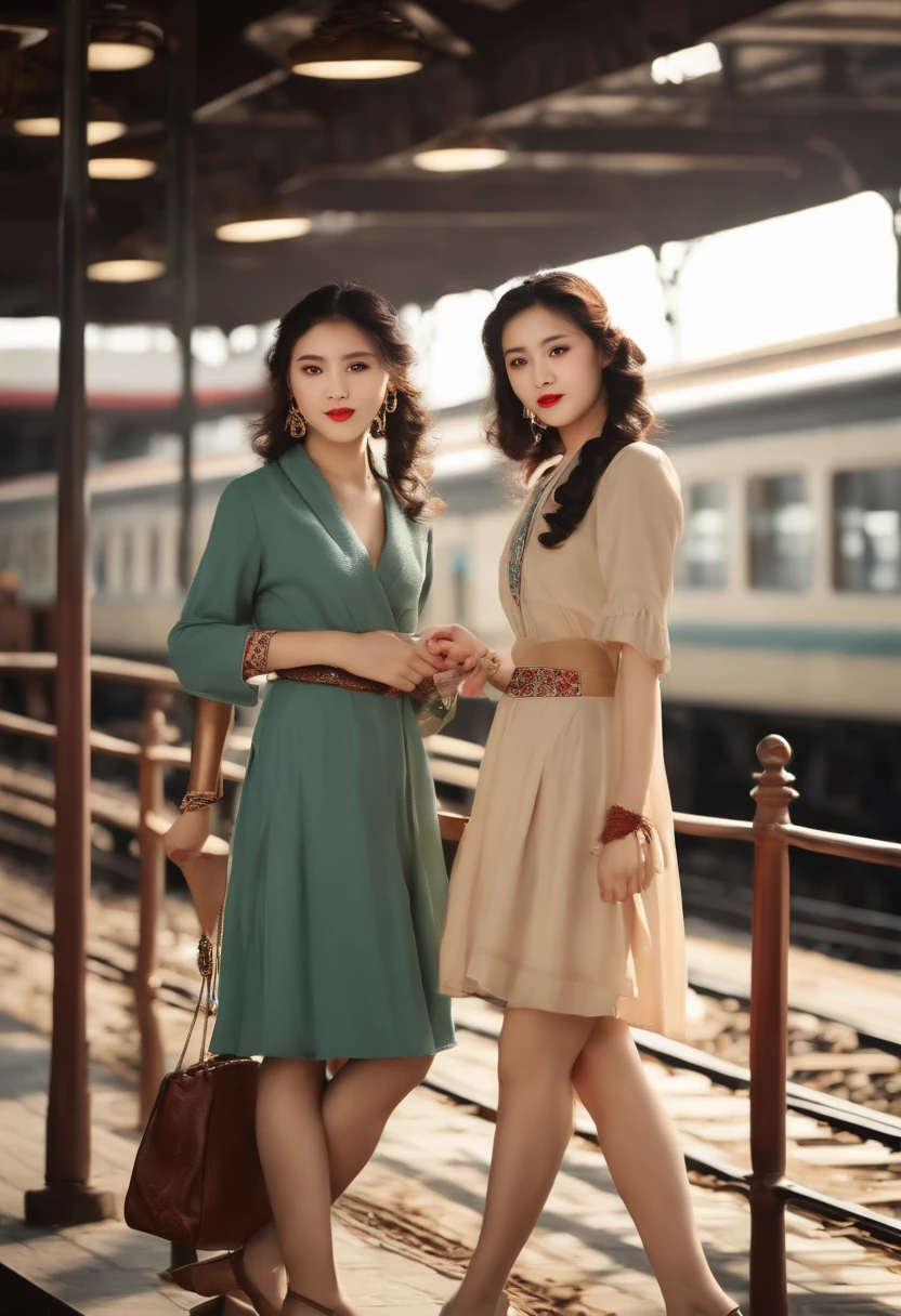 railway station background in 1920's Shanghai,two girls,duo,hair buns,ancient Chinese retro hairpins,leering:1.3,lewd,retro train,Tease your friend's waist,Biting a friend's earlobe, crouched,super wide shot,Face focus, Long legs,Curvy, Barefoot,Wide hips, Thin legs, Oversized eyes,Long eyelashes, (Detailed face,beautidful eyes, detailedpupils,detailed clothes features, Clear background:1.3), (armlets, bangle:1.3),(Alebriès Art Style),