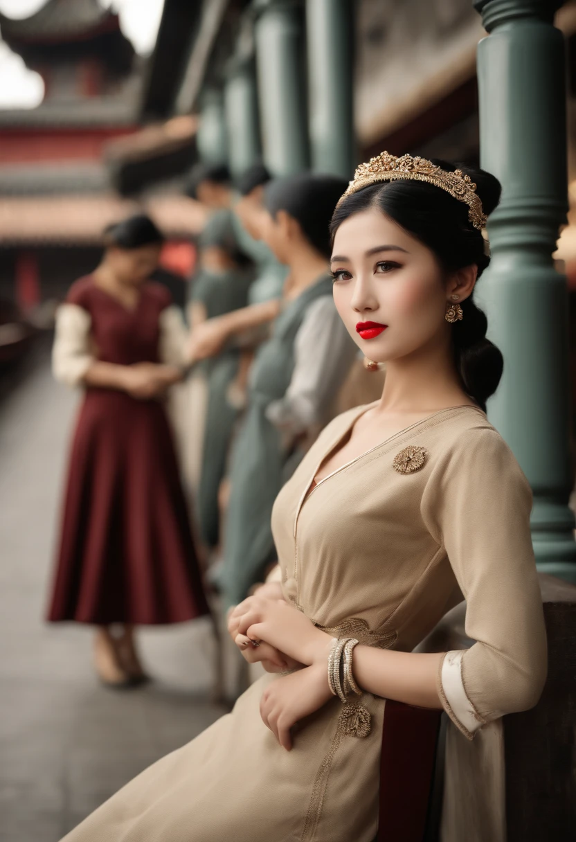 railway station background in 1920's Shanghai,two girls,duo,hair buns,ancient Chinese retro hairpins,leering:1.3,lewd,retro train,Tease your friend's waist,Biting a friend's earlobe, crouched,super wide shot,Face focus, Long legs,Curvy, Barefoot,Wide hips, Thin legs, Oversized eyes,Long eyelashes, (Detailed face,beautidful eyes, detailedpupils,detailed clothes features, Clear background:1.3), (armlets, bangle:1.3),(Alebriès Art Style),