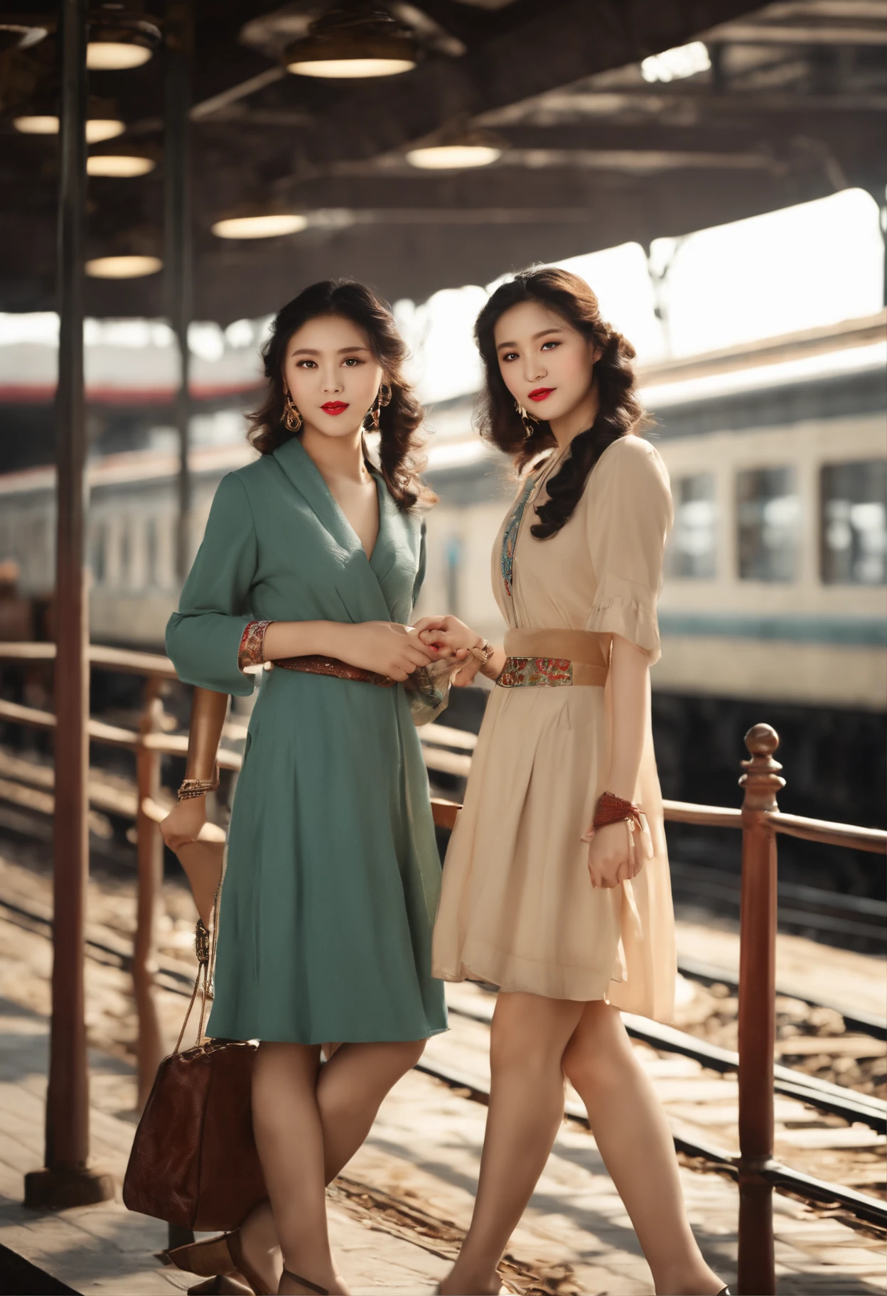 railway station background in 1920's Shanghai,two girls,duo,hair buns,ancient Chinese retro hairpins,leering:1.3,lewd,retro train,Tease your friend's waist,Biting a friend's earlobe, crouched,super wide shot,Face focus, Long legs,Curvy, Barefoot,Wide hips, Thin legs, Oversized eyes,Long eyelashes, (Detailed face,beautidful eyes, detailedpupils,detailed clothes features, Clear background:1.3), (armlets, bangle:1.3),(Alebriès Art Style),