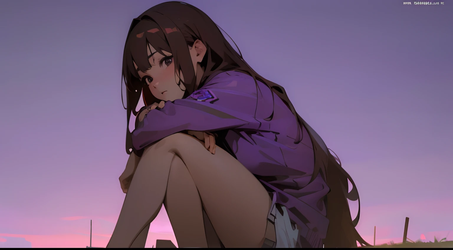 (best quality,4k,8k,highres,masterpiece:1.2),ultra-detailed,(realistic,photorealistic,photo-realistic:1.37), anime girl sitting on ground, purple nightsky, purple background, portraits, landscape, wallpaper, simple background, magazine cover, brown long hair, streetwear, vivid colors, sharp focus, soft lighting