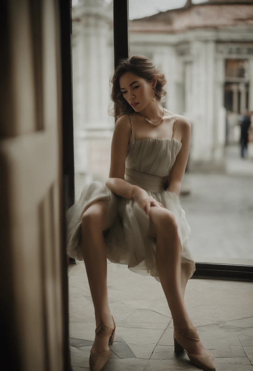 railway station background in 1920's Shanghai,two girls,duo,hair buns,ancient Chinese retro hairpins,navel:1.4,leering:1.3,lewd,retro train,Tease your friend's waist,Biting a friend's earlobe, crouched,super wide shot,Face focus, Long legs,Curvy, Barefoot,Wide hips, Thin legs, Oversized eyes,Long eyelashes, (Detailed face,beautidful eyes, detailedpupils,detailed clothes features, Clear background:1.3), (armlets, bangle:1.3),(Alebriès Art Style),