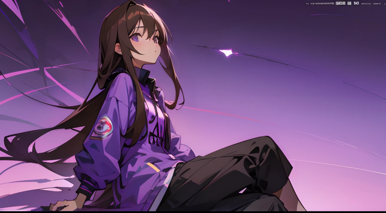 Anime girl sitting on ground, purple nightsky, purple background, looking slightly up, wallpaper, simple background, magazine cover, brown long hair, streetwear