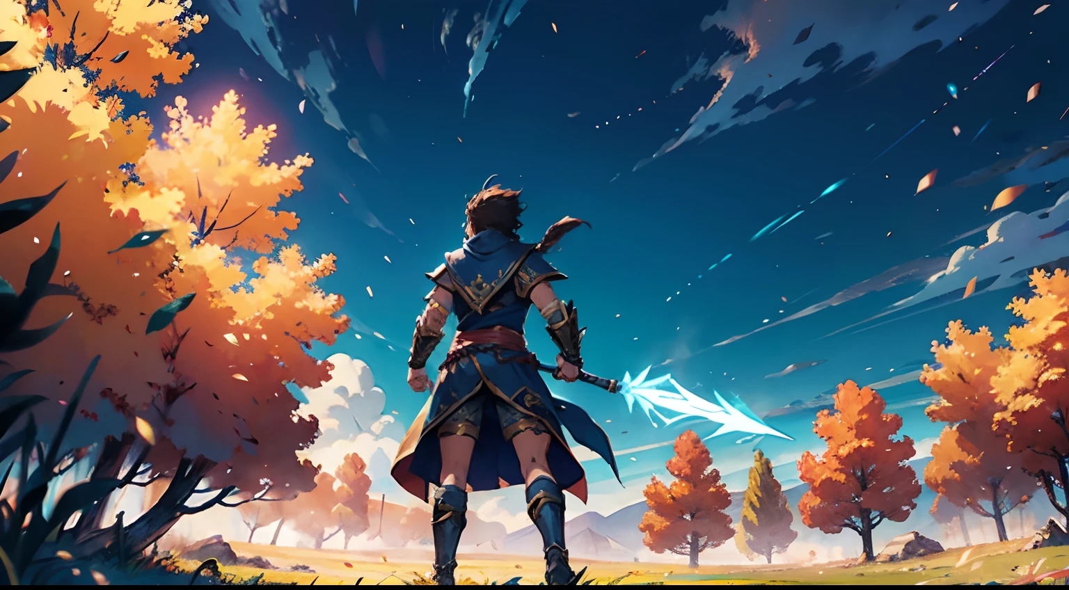 Create a magical warrior in an open field facing multiple enemies