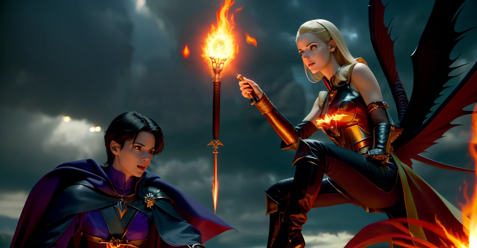 there are two people that are standing next to a motorcycle, the sorceress casting a fireball, casting a fire spell, casting fire spell, casting spells, casting a spell on a potion, mage fighting a ghoul, casting a flame spell, film still dnd movie, cutscene, casting an evil spell, film still dnd, <mmorpgs scene, 4k, best quality, beautiful faces