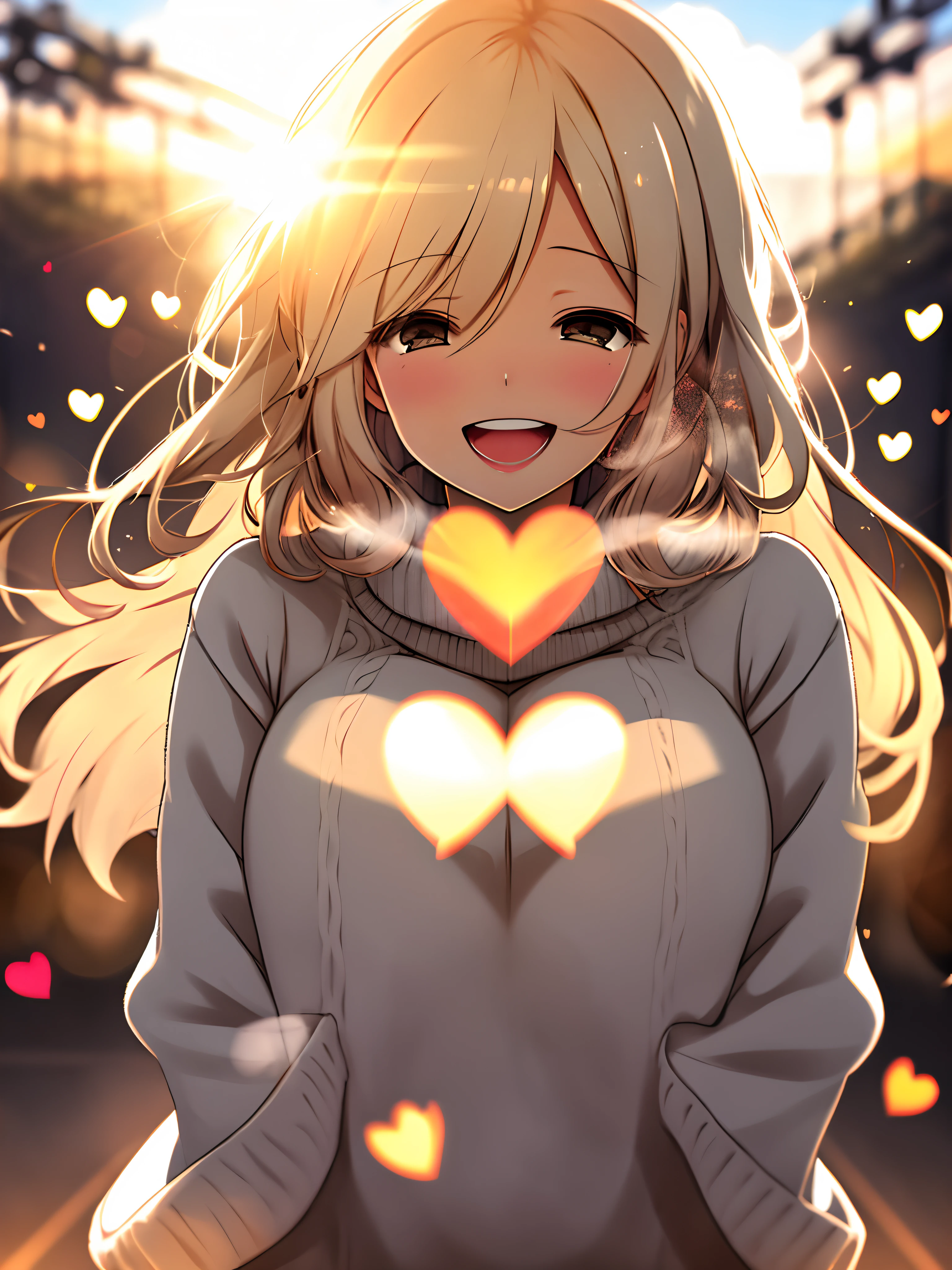 a girl, cosy sweater on, upper body, (huge Laughing:1.1), (open mouth:1.1), (wide open eyes:1.2), sun glare, bokeh, depth of field, blurry background, light particles, strong wind, (heart particles:1.1)