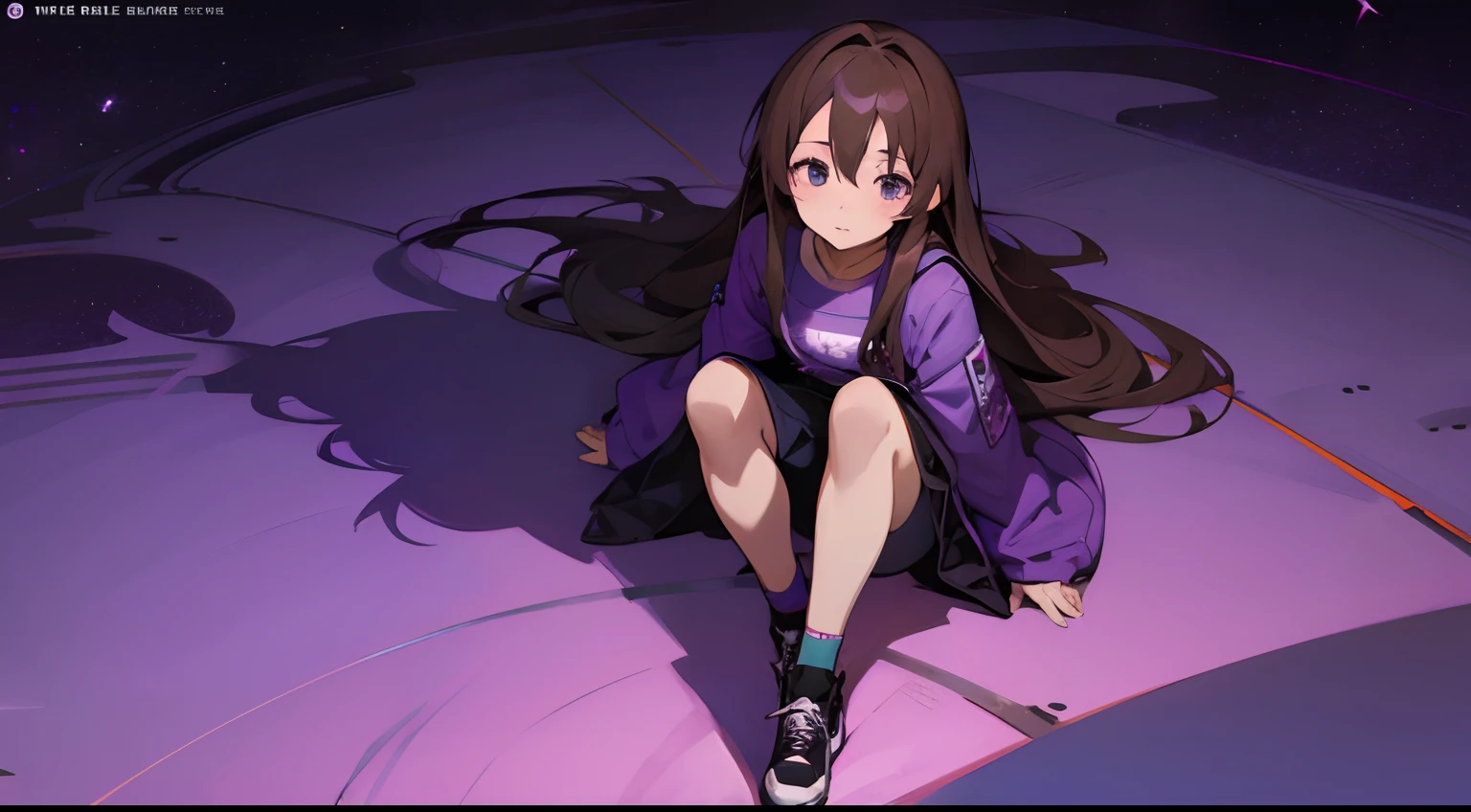 Anime girl sitting on ground, purple nightsky, purple background, looking slightly up to the nightsky, wallpaper, simple background, magazine cover, brown long hair, streetwear