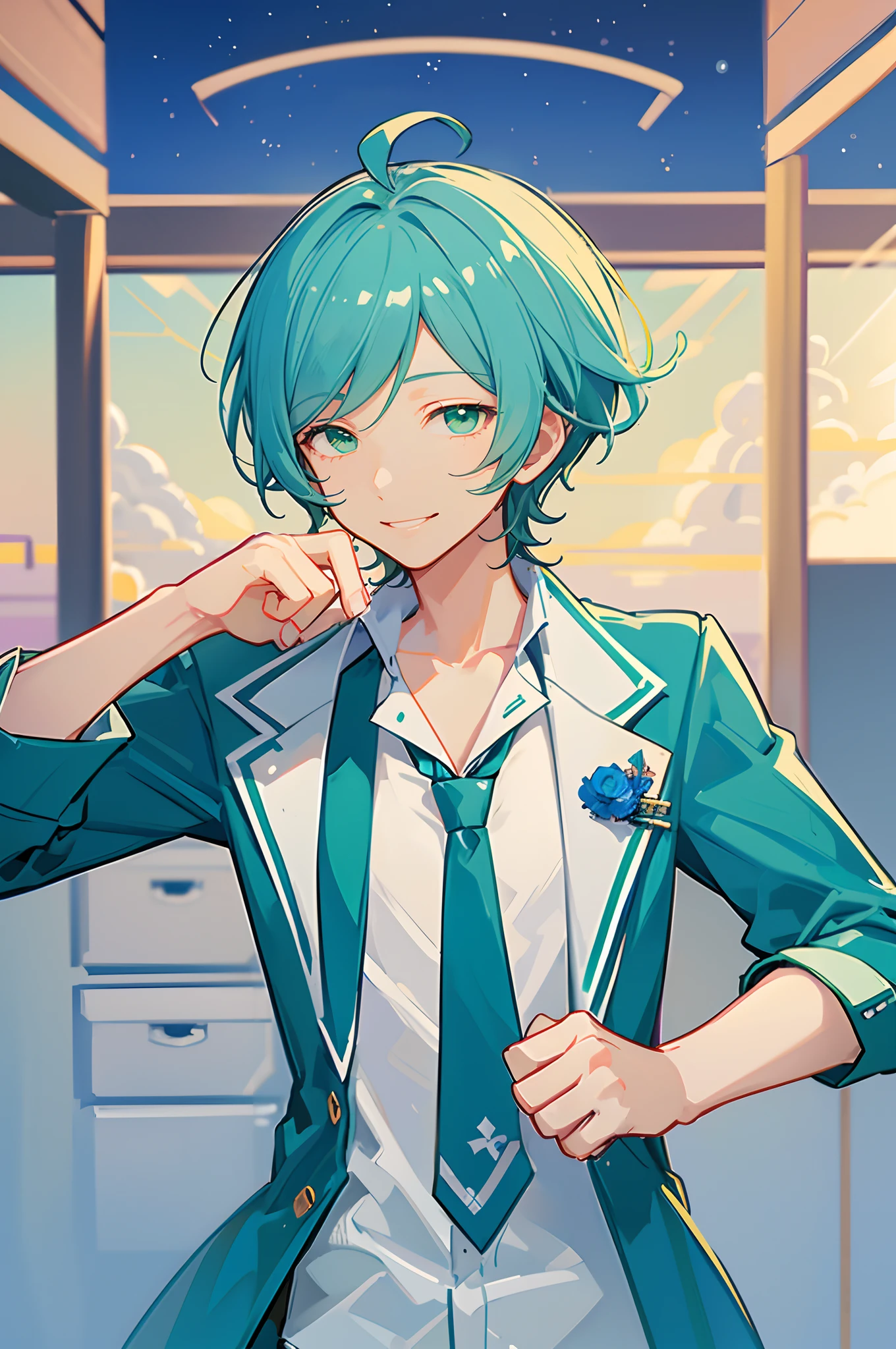 kanata shinkai, solo, 1boy, green eyes, blue hair, ahoge, male focus, cowboy shot, smile, school uniform, green eyes, blue hair, jacket, white shirt, upper body, necktie, collared shirt, blazer, blue jacket, cropped torso, green necktie, plaid pants