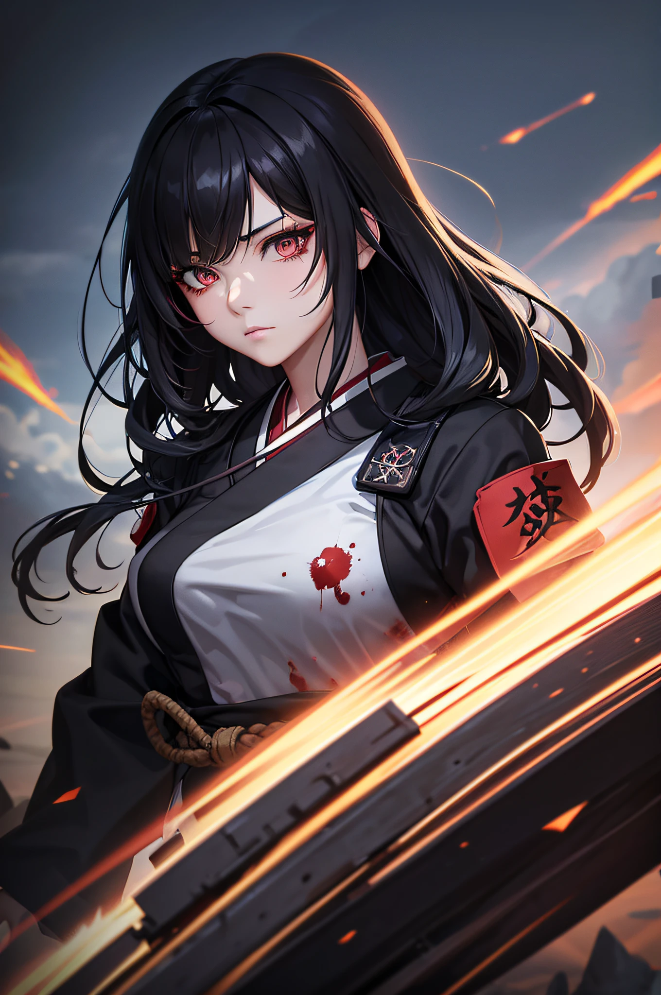 anime girl, bloodshot eyes, black streaked hair, japanese uniform outfit, battlefield, expressionless, no pupils, background evocative, explosion, dirt field, very cloudy, (8k,UHD), (8k resolution), crystal-clear, ornate, vivid, vibrant, masterfully,inspired by lariennechan, unreal engine 5, high rendering, professional digital art, digital illustration,
