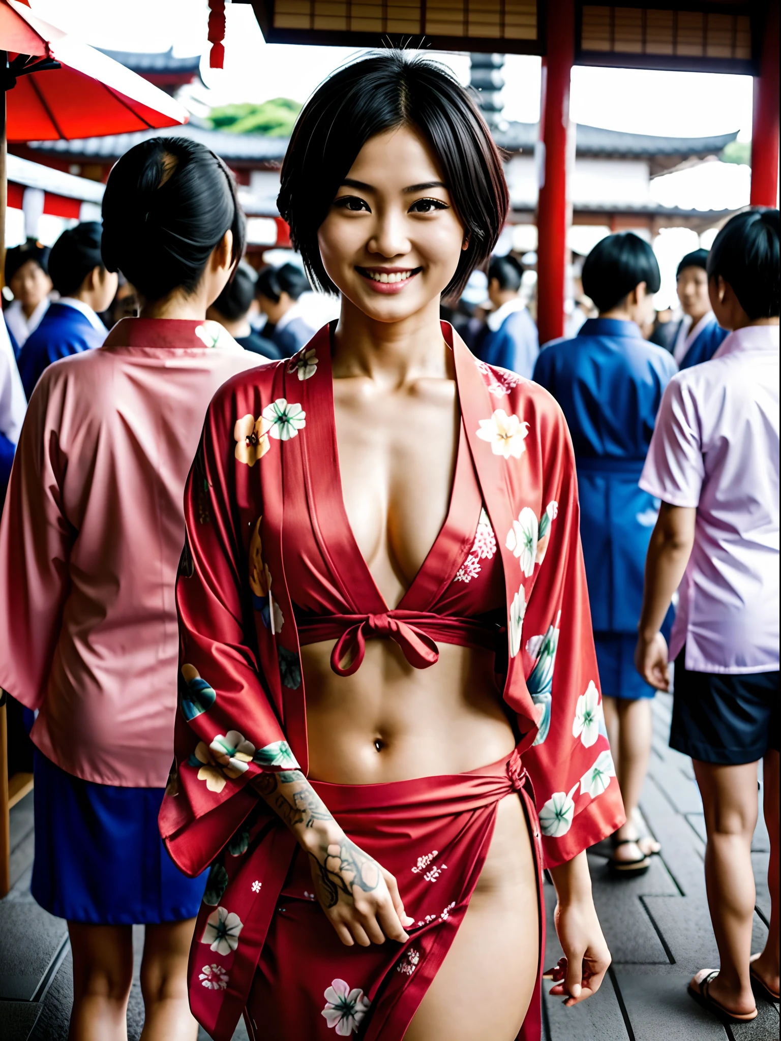 peeping photos,yakuza tattoo, Woman in yukata,sex friend,bare thighs, smile,full of confidence,short hair,Japanese festival,crowd