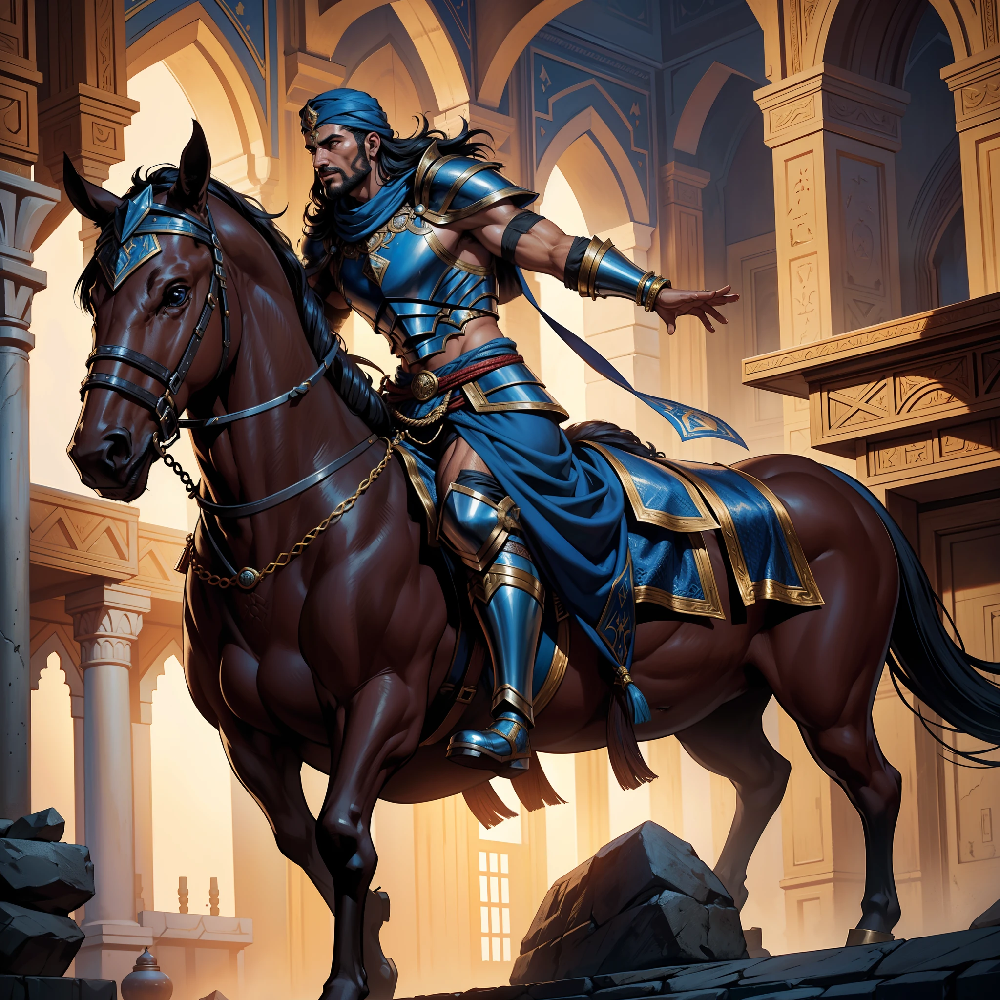 Moroccan muscular handsome warrior leather Armor Wear hyper realistic super detailed Dynamic shot master piece scene cinématique scènes movie Epic Legendary Moroccan Lord leading djinns to battle sharp détails cinématique scènes movie Epic Legendary