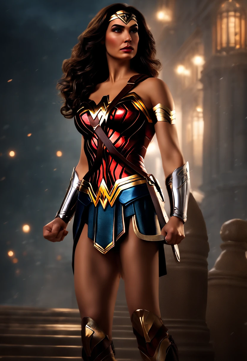 (Professional 3D rendering:1.3) de (Realistic:1.3) Foto de arte mais bonita do mundo，Features soft and bright female heroes, ((Hero epic fantasy wonder woman look seductive long hair and firm expression z= in dynamic pose, fantastic location, majestoso ambiente desordenado)), corpo inteiro 8k unidade render, action shot, pele perfeita, very dark lighting, sombreamento pesado, circunstanciado, Rosto detalhado, (vibrante, fotogrdeia realista, Realistic, Dramatic, Escuro, foco nítido, 8k), (Old leather clothes damaged by bad weather:1.4), ((((Use peles)))), (intrincado:1.4), decadente, (altamente detalhado:1.4), pintura digital, rendering by octane, art stations, Conceito-Arte, liso, foco nítido, illustration, germe da arte, (Loish:0.23), Wlop Ilya Kuvshinov, e Greg Rutkowski e Alphonse Mucha Gracias, (global ilumination, studiolight, Light Volumetric), chuva forte, floating particles, patife, fantasia, Onze, corpo inteiroesbian, ((Fundo escuro e antigo da cidade:1.3)),CGSesociedade,art stations