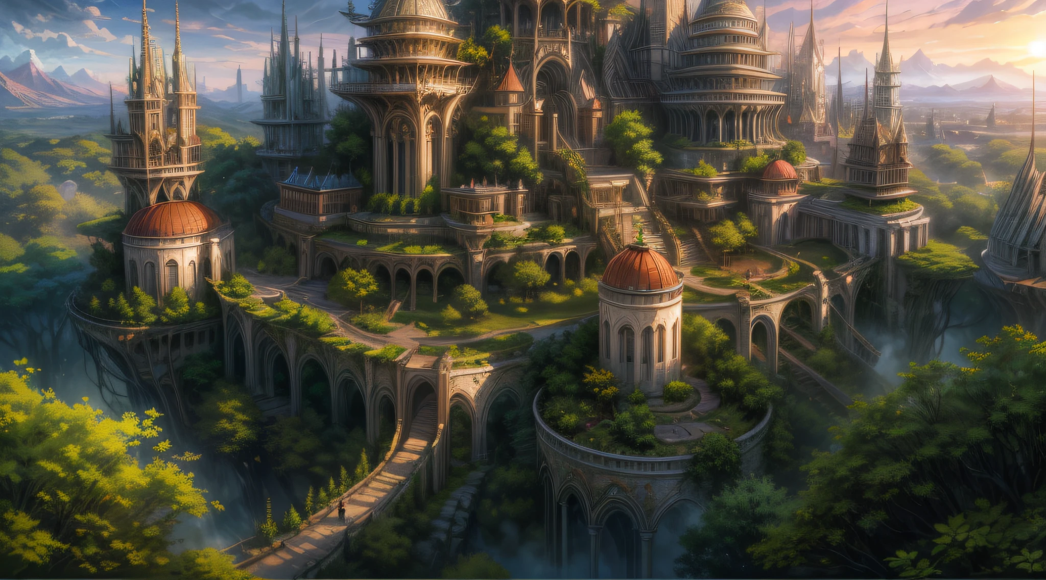 a wallpaper ultra wide angle, fantasy art, RPG art, (best Detailed: 1.5), (UHD: 1.5), (photorealistic: 1.4), mirkw00d, picture of an elven city built among the forest trees, a city of elves built in the forest, there are many houses built in the massive ancient forest woods, there are elven towers, a massive, elven fortress built on a hill near the city, fantasy elven forest background, sunset, the sun is setting down there are some clouds in the sky, best details, best quality, 16k, (ultra detailed: 1.5), masterpiece, best quality, (extremely detailed), ultra wide shot, photorealism, depth of field, hyper realistic