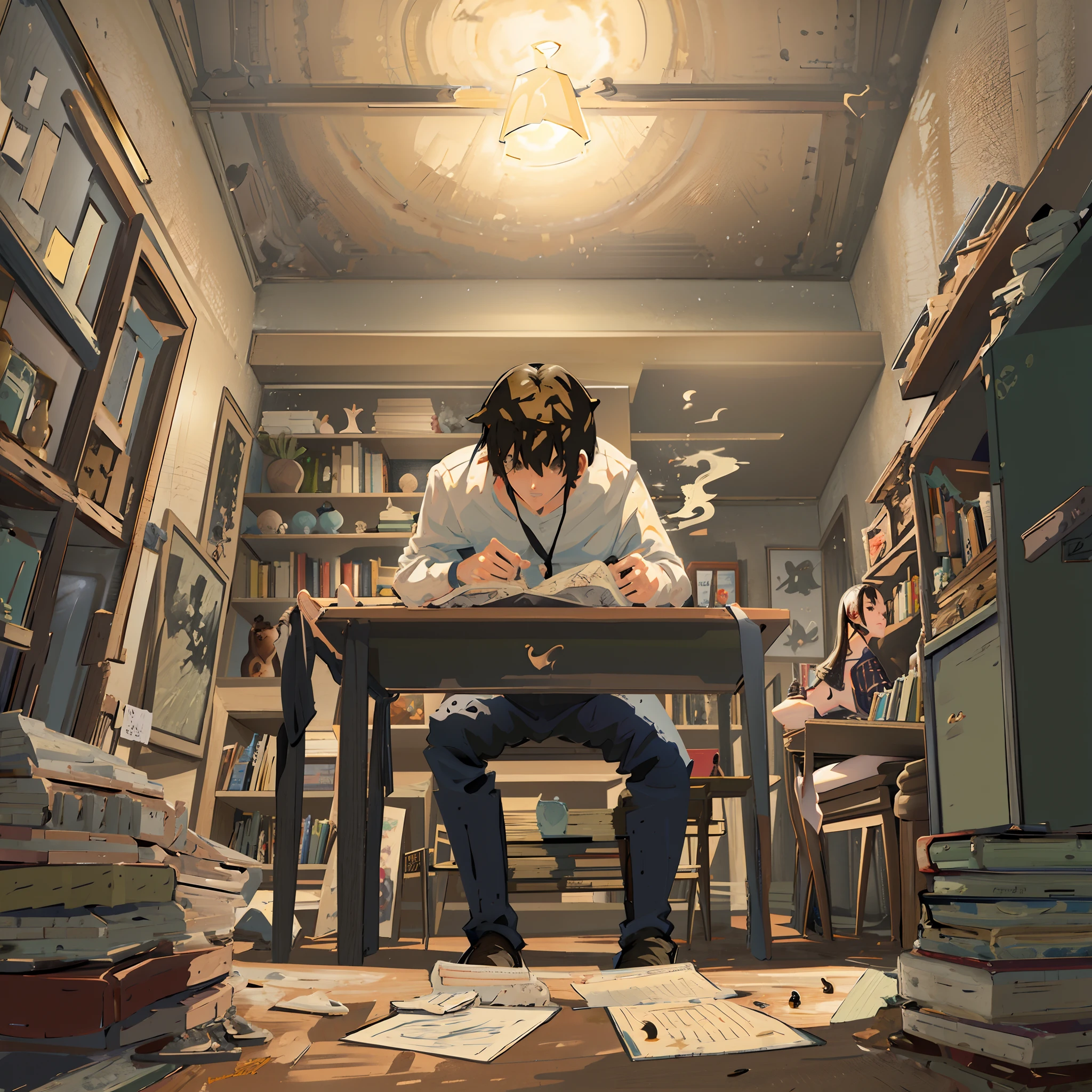 there is a man sitting at a desk in a library, makoto shinkai. digital render, ( ( makoto shinkai ) ), makoto shinkai art style, makoto shinkai cyril rolando, trying to study, makoto shinkai. —h 2160, makoto shinkai. octane render, style of makoto shinkai