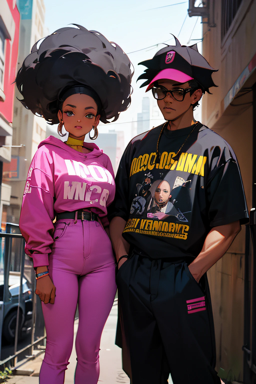 Black Man & Black Woman, 80s Hip Hop Fashion, Urban city with graffiti