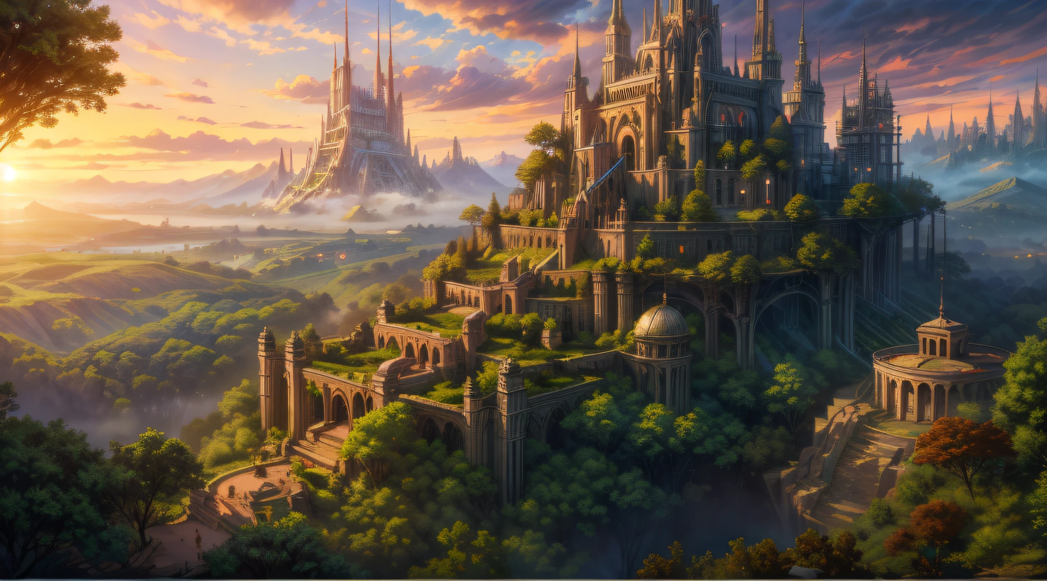 a wallpaper ultra wide angle, fantasy art, RPG art, (best Detailed: 1.5), (UHD: 1.5), (photorealistic: 1.4), mirkw00d, picture of an elven city built among the forest trees, a city of elves built in the forest, there are many houses built in the massive ancient forest woods, there are elven towers, a massive, elven fortress built on a hill near the city, fantasy elven forest background, sunset, the sun is setting down there are some clouds in the sky, best details, best quality, 16k, (ultra detailed: 1.5), masterpiece, best quality, (extremely detailed), ultra wide shot, photorealism, depth of field, hyper realistic
