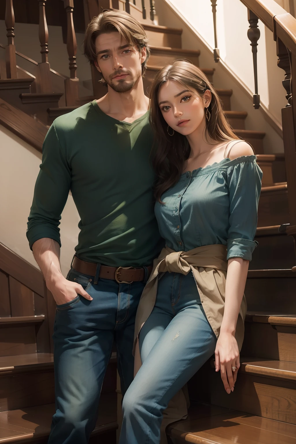 A couple sitting on stairs, beautiful woman wearing a green dress, tall handsome man wearing a blue shirt and jean pants, Put his hands around her waist, stairs in the house, romantic lighting, high-res, art style: portraits, vibrant colors, detailed facial features, soft ambiance.