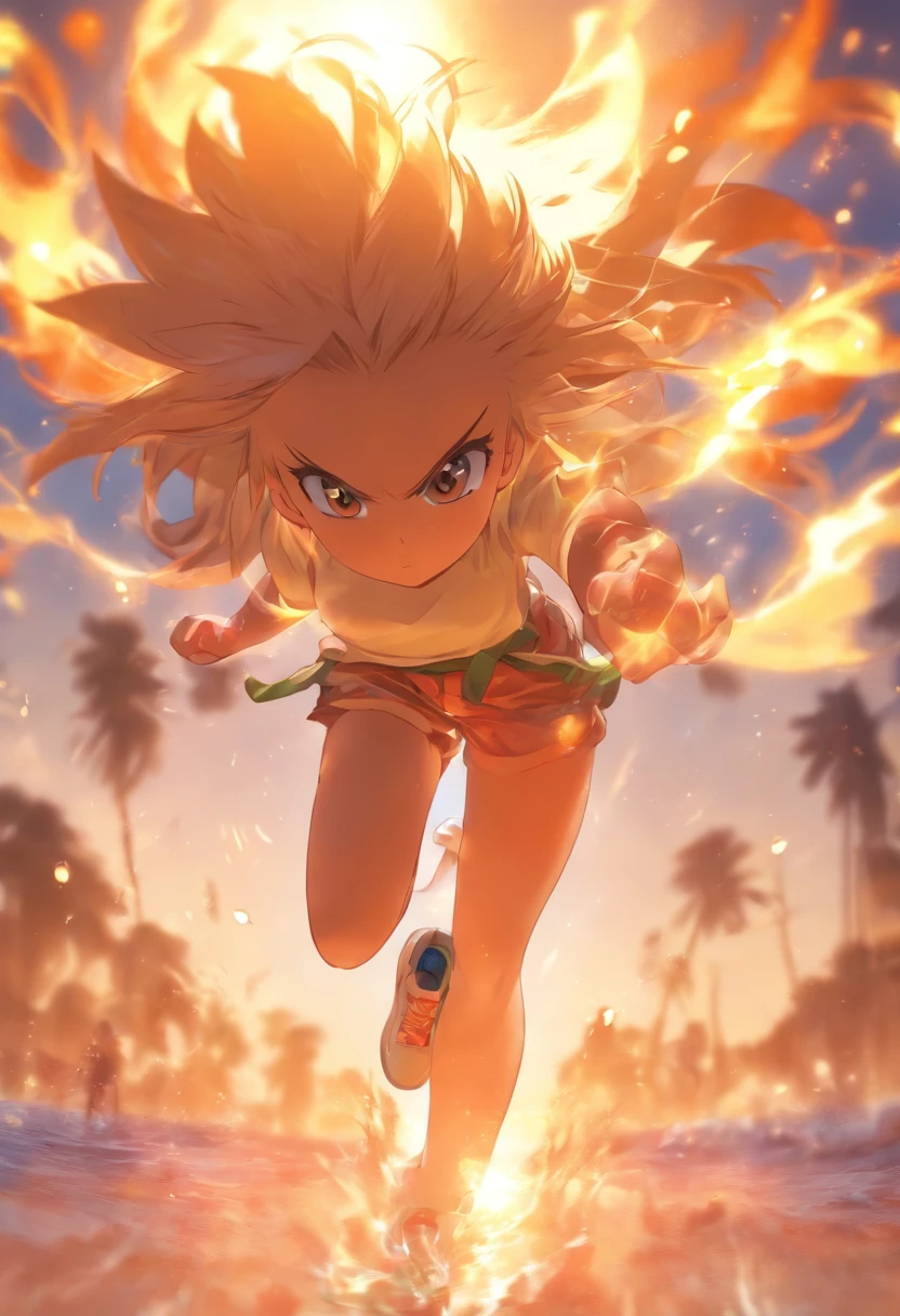 foreshortening, profundidade de campo, master part, best quality, 1girl, white hairs, olhos azuis brilhantes , cabelos longos, na praia, segurando um chinelo , sozinho, Olhando para o Viewer, wearing pants with a short shirt and Nike sneakers, com um cachorro ao lado, luz solar fraca,