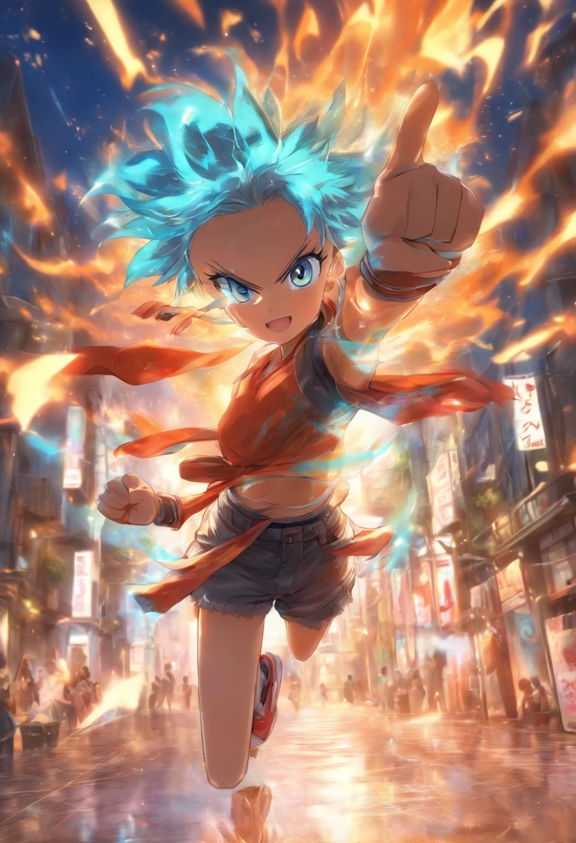 foreshortening, profundidade de campo, master part, best quality, 1girl, white hairs, olhos azuis brilhantes , cabelos longos, na praia, segurando um chinelo , sozinho, Olhando para o Viewer, wearing pants with a short shirt and Nike sneakers, com um cachorro ao lado, luz solar fraca,