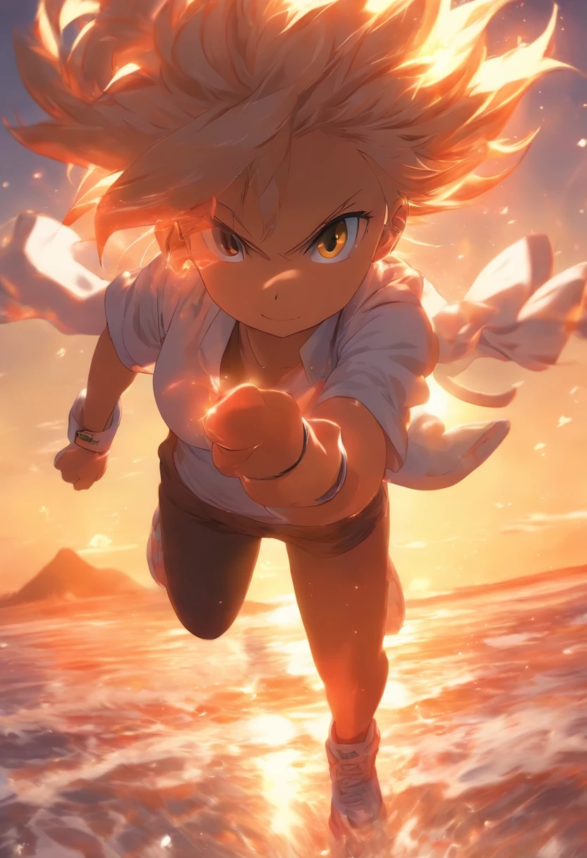foreshortening, profundidade de campo, master part, best quality, 1girl, white hairs, olhos azuis brilhantes , cabelos longos, na praia, segurando um chinelo , sozinho, Olhando para o Viewer, wearing pants with a short shirt and Nike sneakers, com um cachorro ao lado, luz solar fraca,