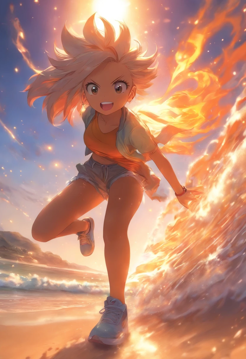 foreshortening,  profundidade de campo, master part, best quality, 1girl, white hairs, olhos azuis brilhantes ,  cabelos longos, na praia, segurando um chinelo , sozinho, Olhando para o Viewer, wearing pants with a short shirt and Nike sneakers, com um cachorro ao lado,  luz solar fraca,