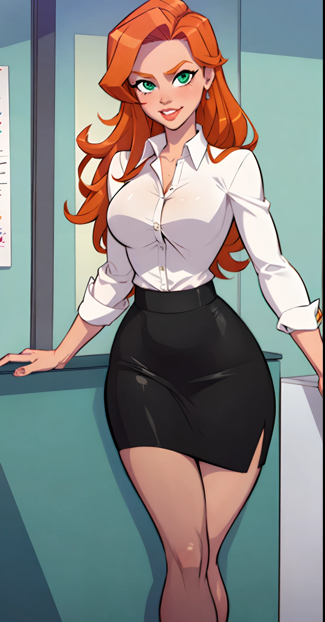 1girl, secretary, Best quality, masterpiece, cowboy shot, orange hair, green eyes, tight cloth, pencil skirt, office