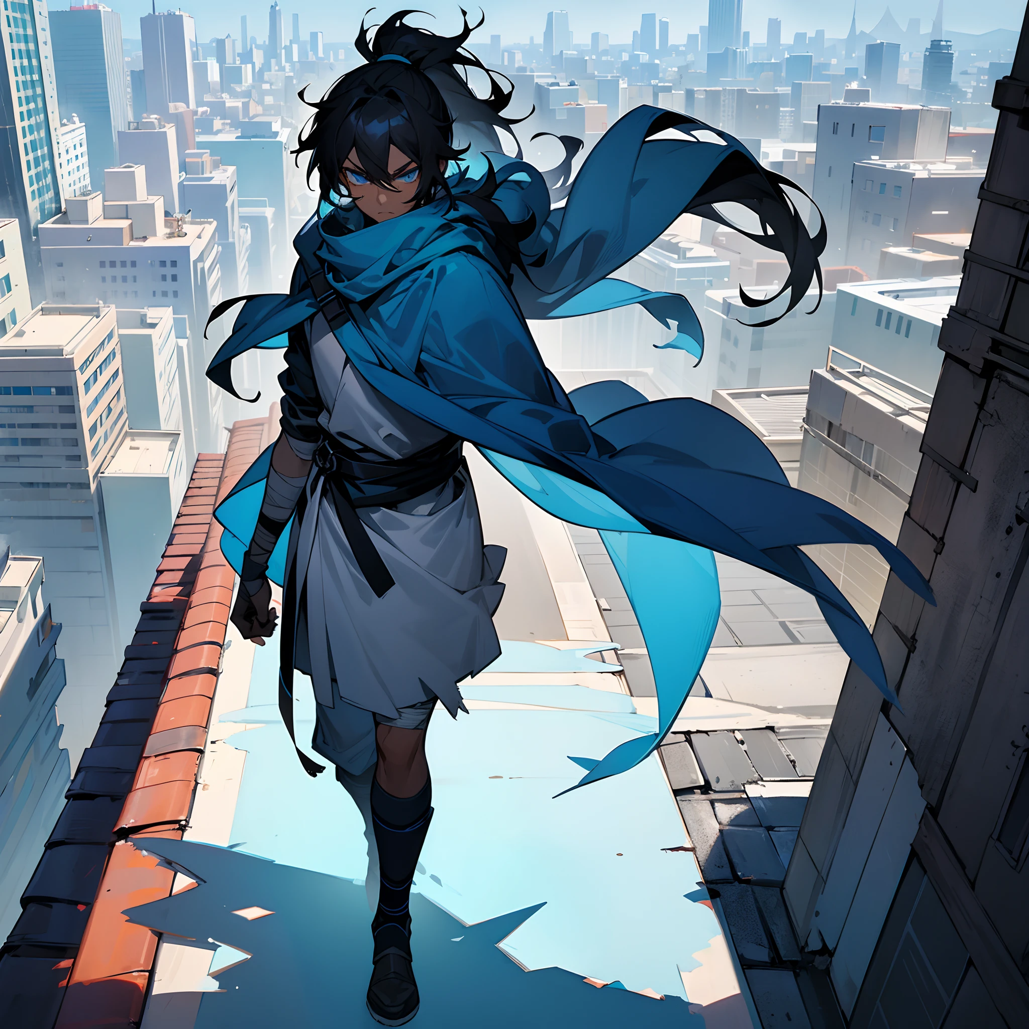 1male, young adult, messy medium length black hair in ponytail, bright blue eyes, walking down path, casual clothes, dark skin, bandages wrapped around arms, best light and shadows, large city, rooftop, oversized fur hood