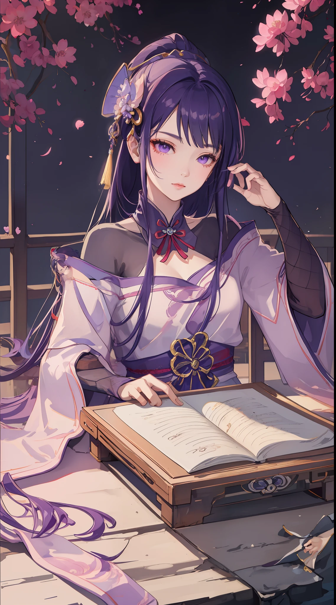An ancient Chinese beauty sitting on a stone, wearing ancient Chinese clothing, flowing tulle, light silk, purple hair, purple eyes, lazy posture, large lotus leaf, lotus, ink painting style, clean color, decisive cutting, blank, freehand, masterpiece, super detailed, epic composition, high quality, the highest quality, 4k --v 6