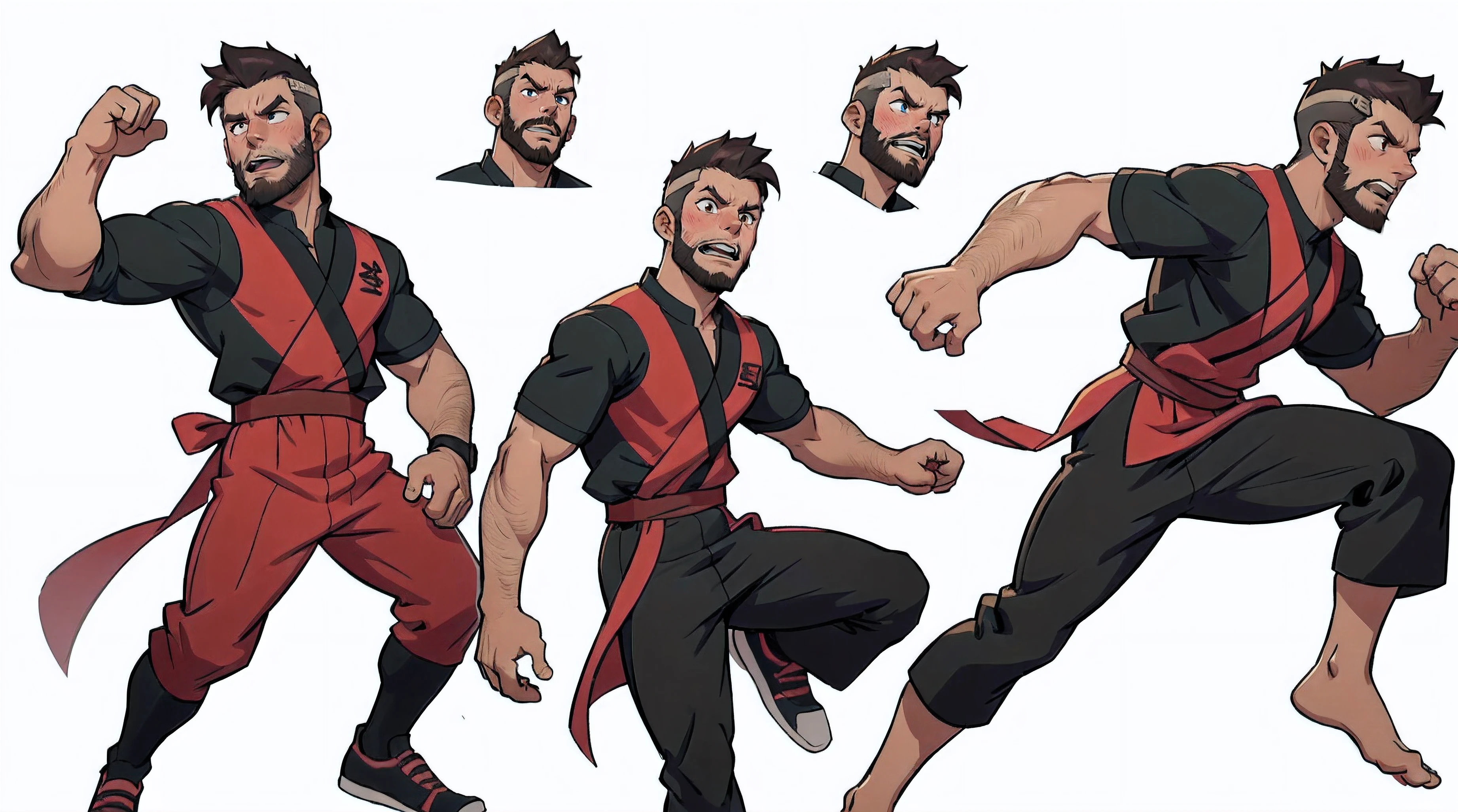 (best quality:1.5), (Ultra Highres) Longg Cheng, Black and red oriental clothes consistent, character sheet, full body, character model, all angles, 8k, male, short black undercut hair, neatly trimmed male beard, detailed anime style face, black iris. (Action: Chasing someone), (Expression: Scary), (Angle: Close to face)