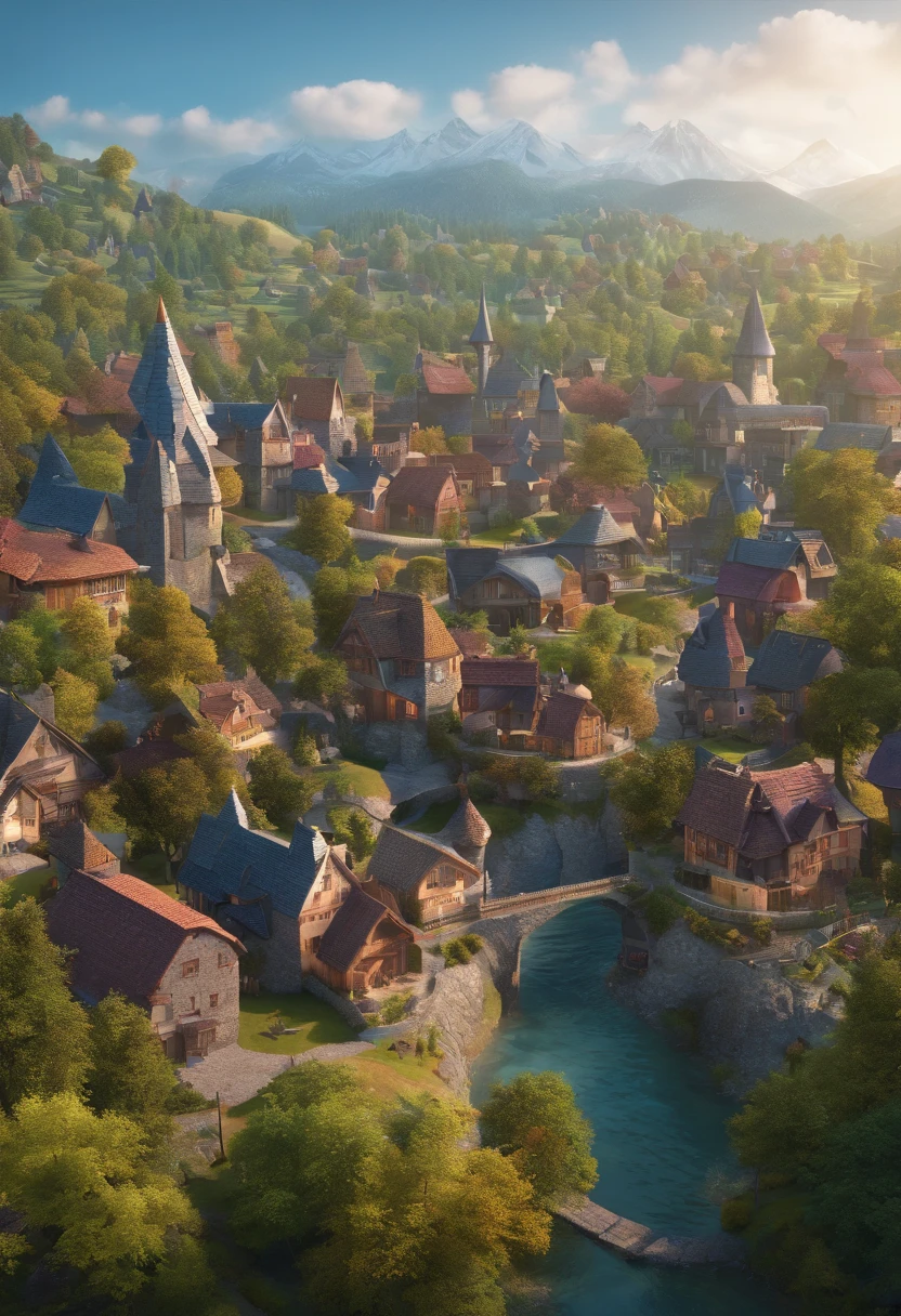fantasy, scenery, dark background, ultra detailed, high detailed, sharp detailed, villages, trees, city, people
