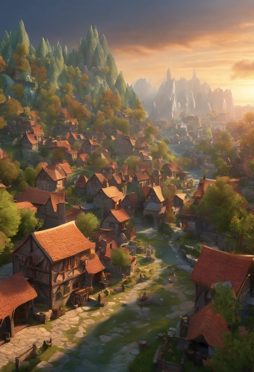 fantasy, scenery, dark background, ultra detailed, high detailed, sharp detailed, villages, trees, city, people