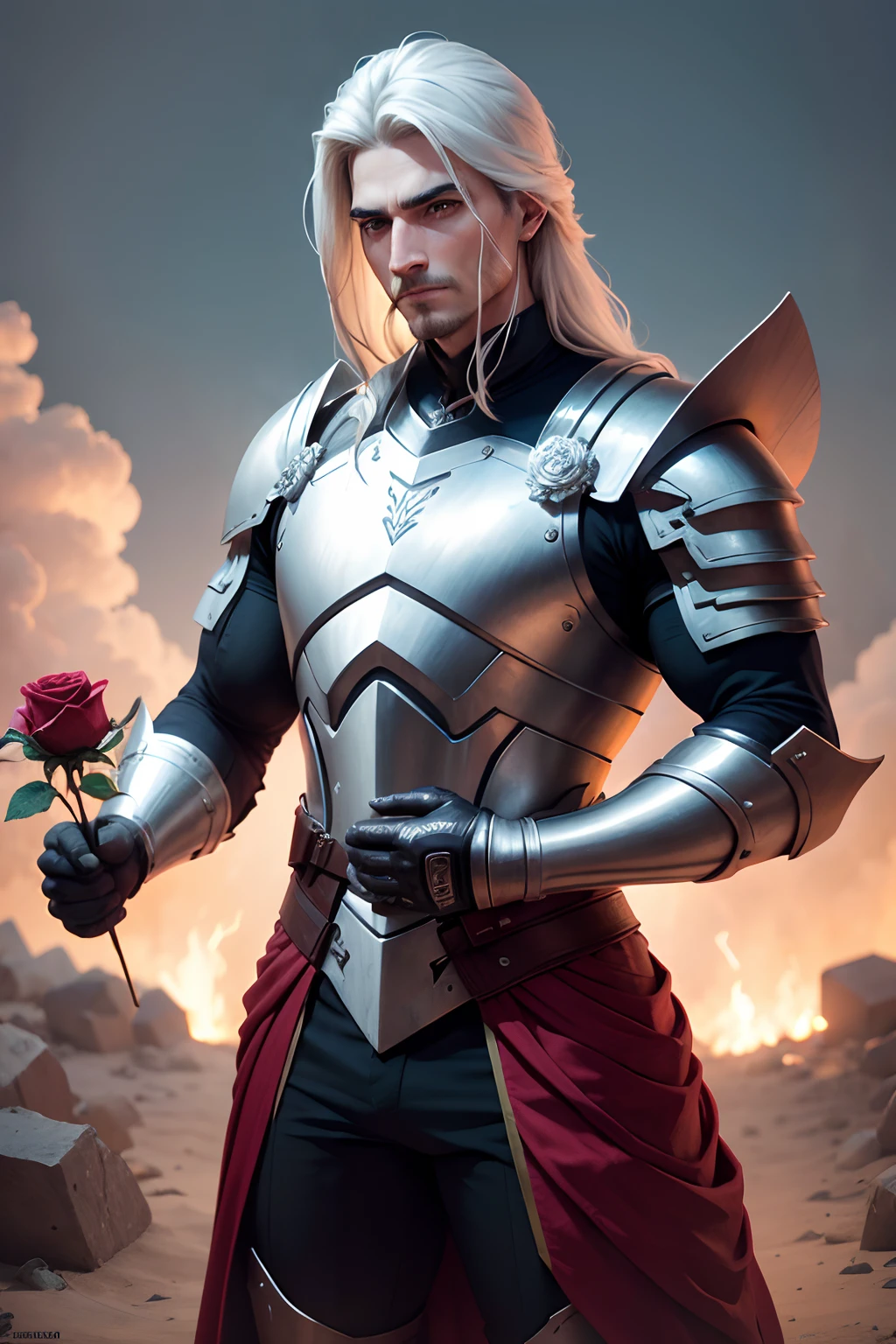 homem, feminizado, cabelos longos, usa armadura dourada, olhos fechados, has in his hand a rose, pele clara, extremamente detalhado, 2k, de fundo uma ruina grega