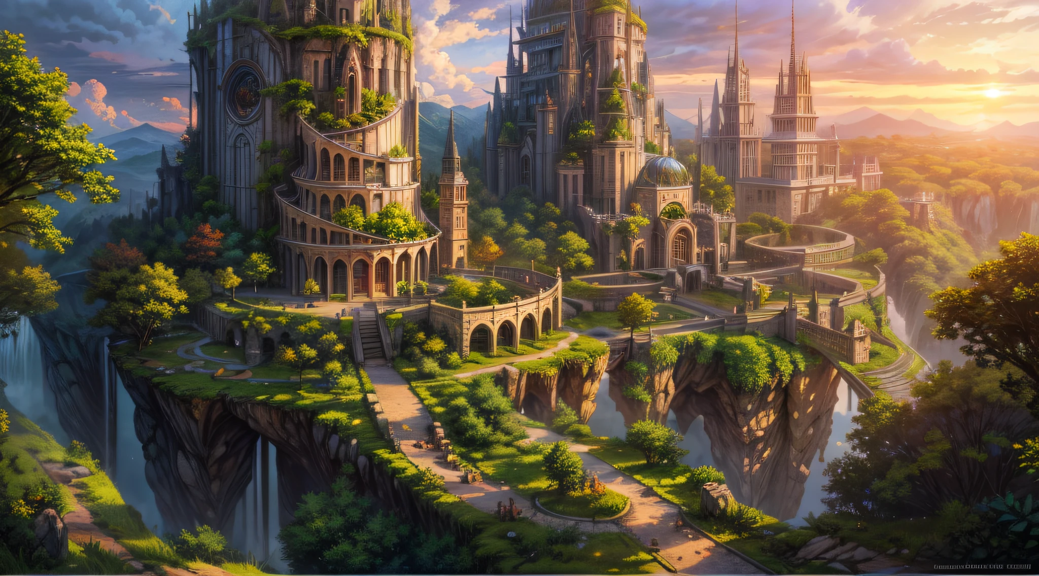 a wallpaper ultra wide angle, fantasy art, RPG art, (best Detailed: 1.5), (UHD: 1.5), (photorealistic: 1.4), mirkw00d, picture of an elven city built among the forest trees, a city of elves built in the forest, there are many houses built in the massive ancient forest woods, there are elven towers, a massive, elven fortress built on a hill near the city, fantasy elven forest background, sunset, the sun is setting down there are some clouds in the sky, best details, best quality, 16k, (ultra detailed: 1.5), masterpiece, best quality, (extremely detailed), ultra wide shot, photorealism, depth of field, hyper realistic