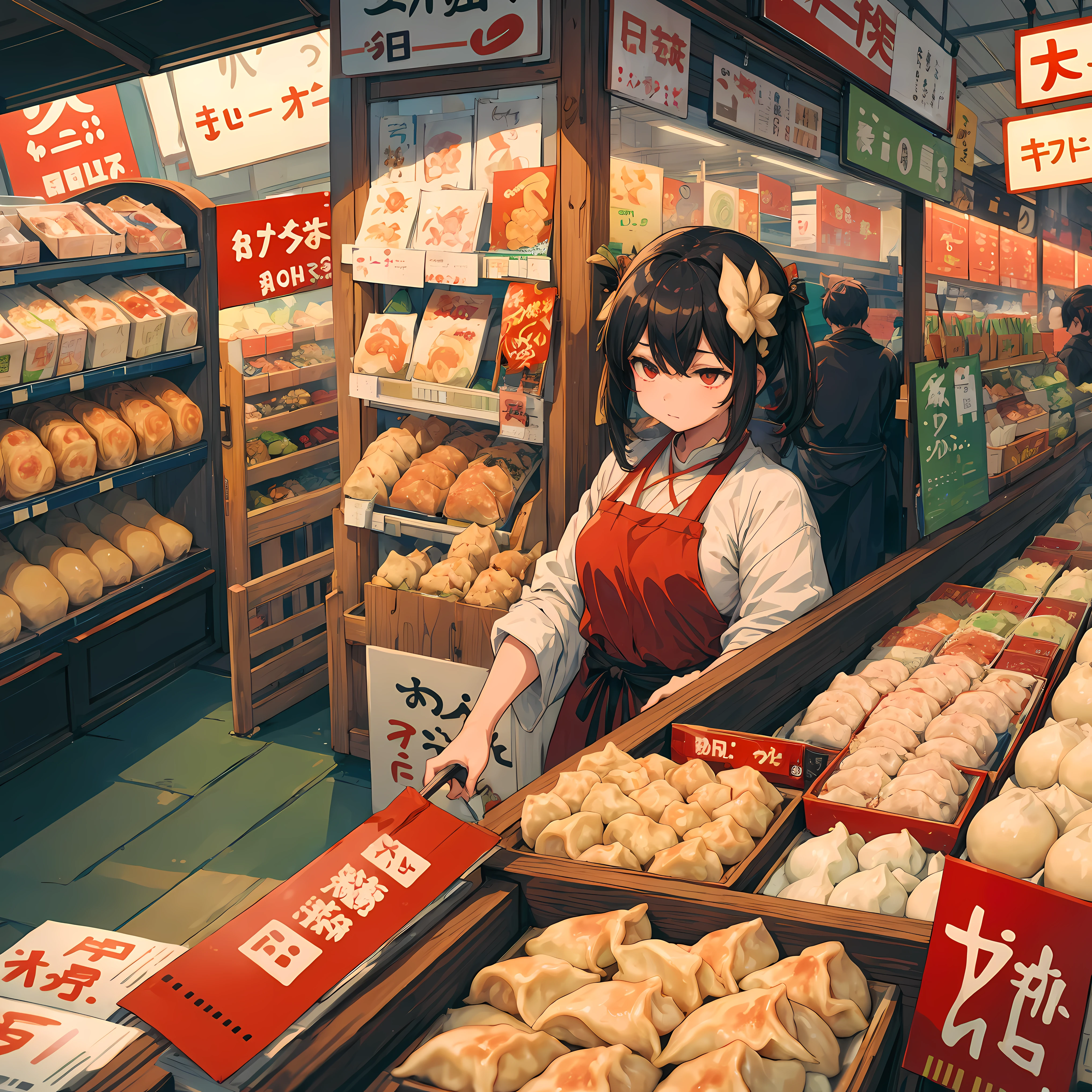 (best quality:1.4), anime, solo, A girl in supermarket gyoza dumplings jiaozi, naked, nsfw, exposed breasts, exposed vagina , naked girl, big breasts, naughty girl, nude