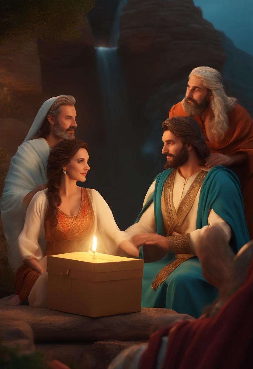 Two godly men and a goddess giving a big boxed Gift to a godly couple. The beautiful wife accepting it very happily . Behind her is the husband looking terrified. All a characters in Greek robes. Landscape- wildlife. 3D high quality realistic