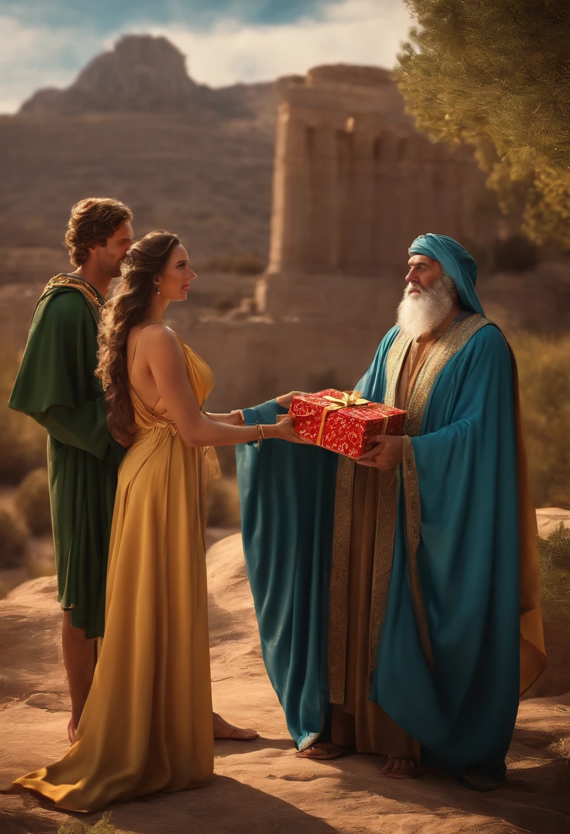 Two godly men and a goddess giving a big boxed Gift to a godly couple. The beautiful wife accepting it very happily . Behind her is the husband looking terrified. All a characters in Greek robes. Landscape- wildlife. 3D high quality realistic