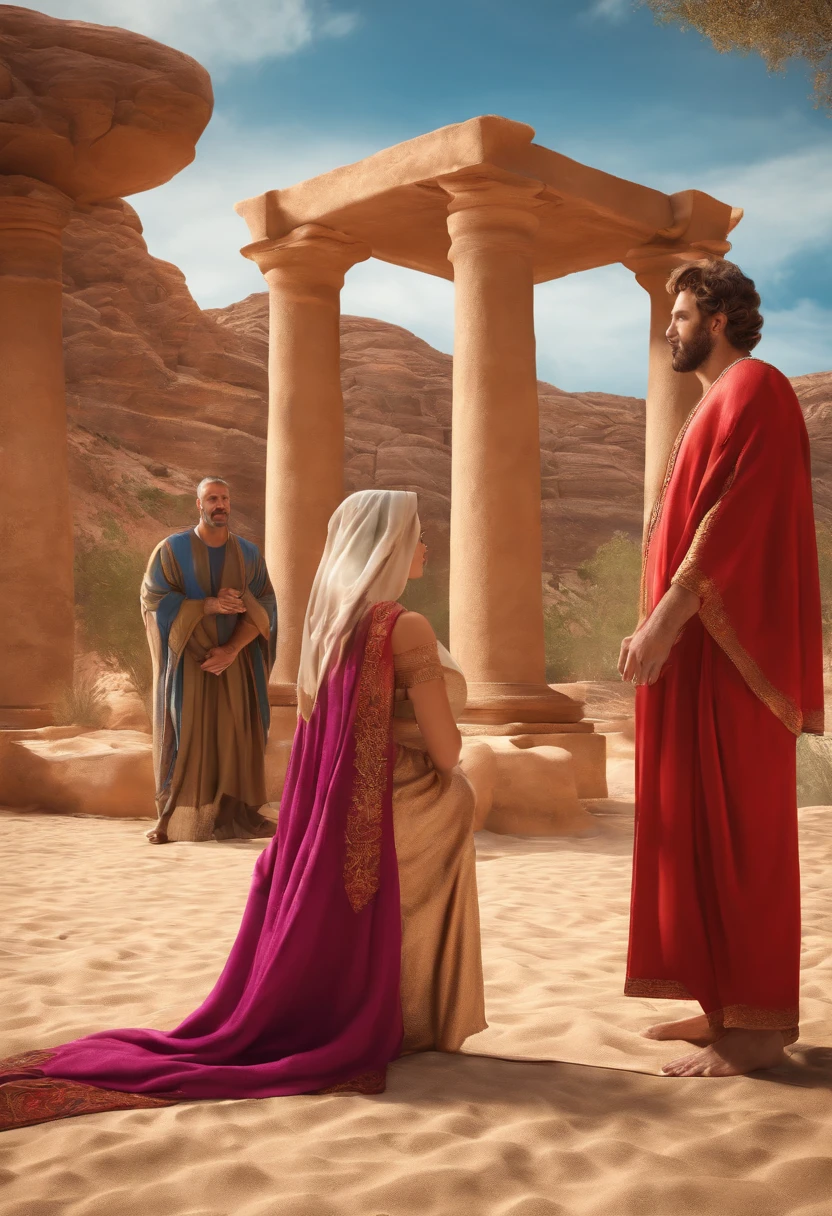 Two godly men and a goddess giving a big boxed Gift to a godly couple. The beautiful wife accepting it very happily . Behind her is the husband looking terrified. All a characters in Greek robes. Landscape- wildlife. 3D high quality realistic