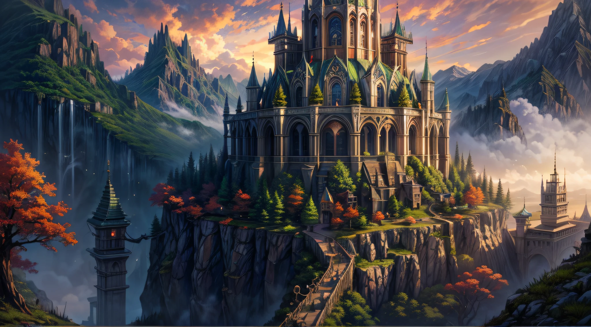 a wallpaper ultra wide angle, fantasy art, RPG art, (best Detailed: 1.5), (UHD: 1.5), (photorealistic: 1.4), mirkw00d, picture of an elven city built among the forest trees, a city of elves built in the forest, there are many houses built in the massive ancient forest woods, there are elven towers, a massive, elven fortress built on a hill near the city, fantasy elven forest background, sunset, the sun is setting down there are some clouds in the sky, best details, best quality, 16k, (ultra detailed: 1.5), masterpiece, best quality, (extremely detailed), ultra wide shot, photorealism, depth of field, hyper realistic