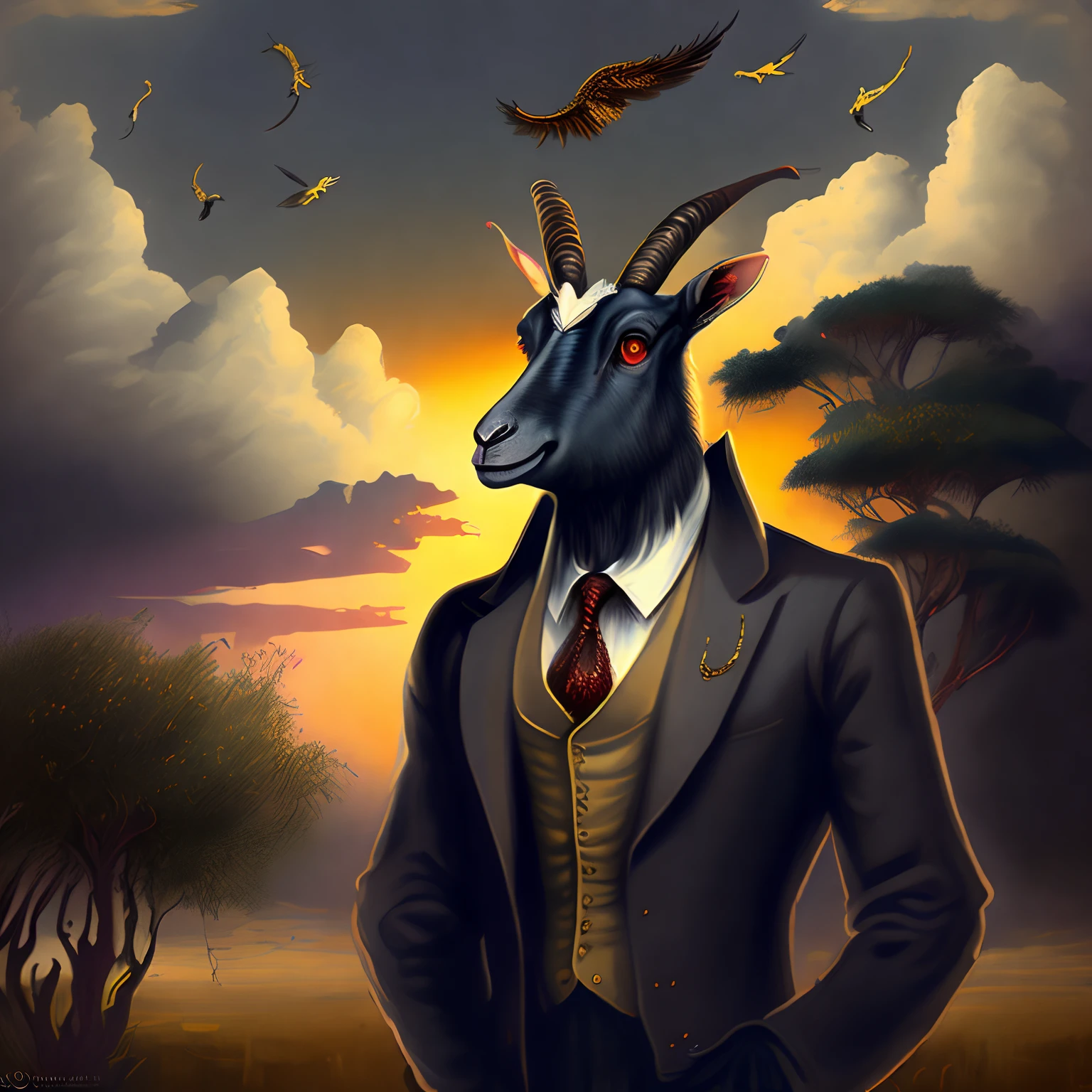 A Goat Standing, His outfit is a black suit and tie, he has the head of a black goat, rosto de bode preto,In the background of the image is a beautiful paradise, com nuvens, and birds flying overhead,  com raio de luz do sol radiante na imagem de alta qualidade, place is a paradise only its bottom, raios de sol e luz,