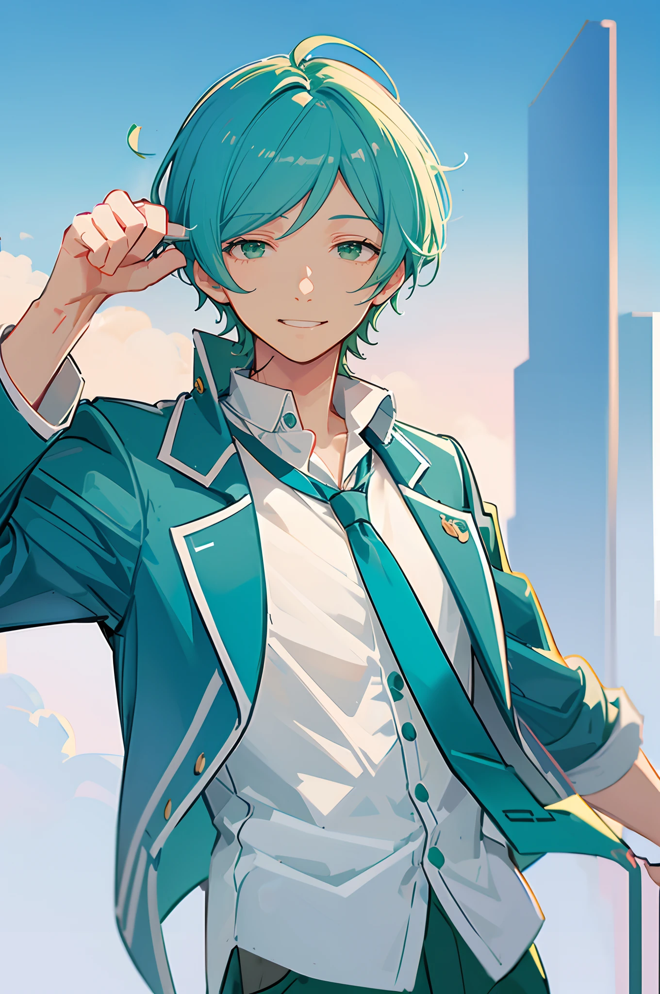 kanata shinkai, solo, 1boy, green eyes, blue hair, ahoge, male focus, cowboy shot, smile, school uniform, green eyes, blue hair, jacket, white shirt, upper body, necktie, collared shirt, blazer, blue jacket, cropped torso, green necktie, plaid pants