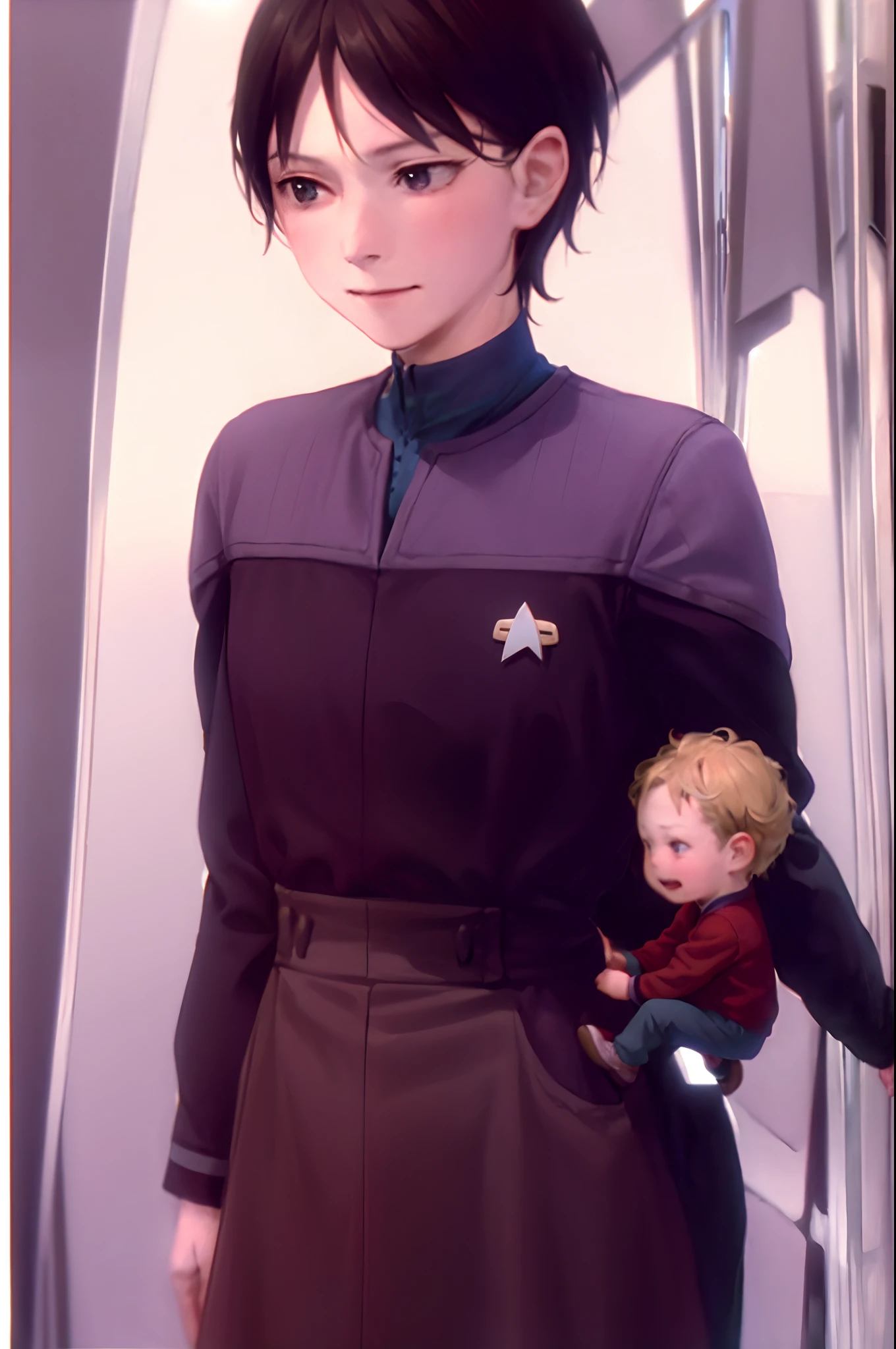 family photo of  a small family with  a sister, a brother a child and a mother in ds9st uniform