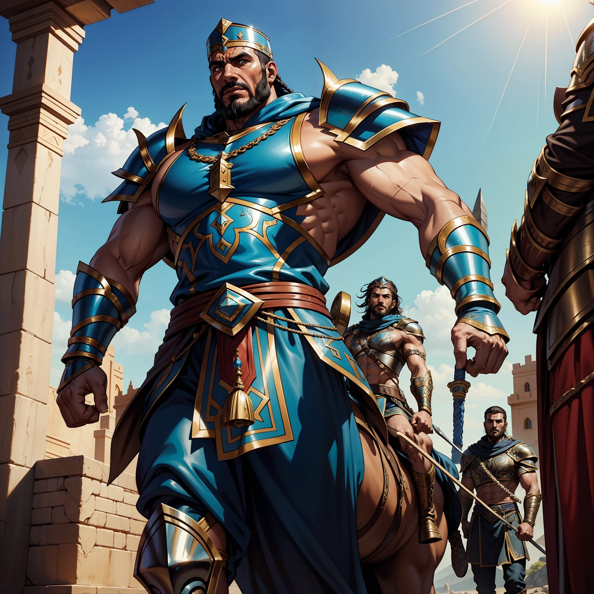 Moroccan muscular handsome warrior leather Armor Wear hyper realistic super detailed Dynamic shot centerpiece cutscene scenes movie Epic Legendary Moroccan Lord leading the jinn to fight sharp details cinematic scenes movie Epic Legendary islamic warrior Wear hyper realistic super detailed
