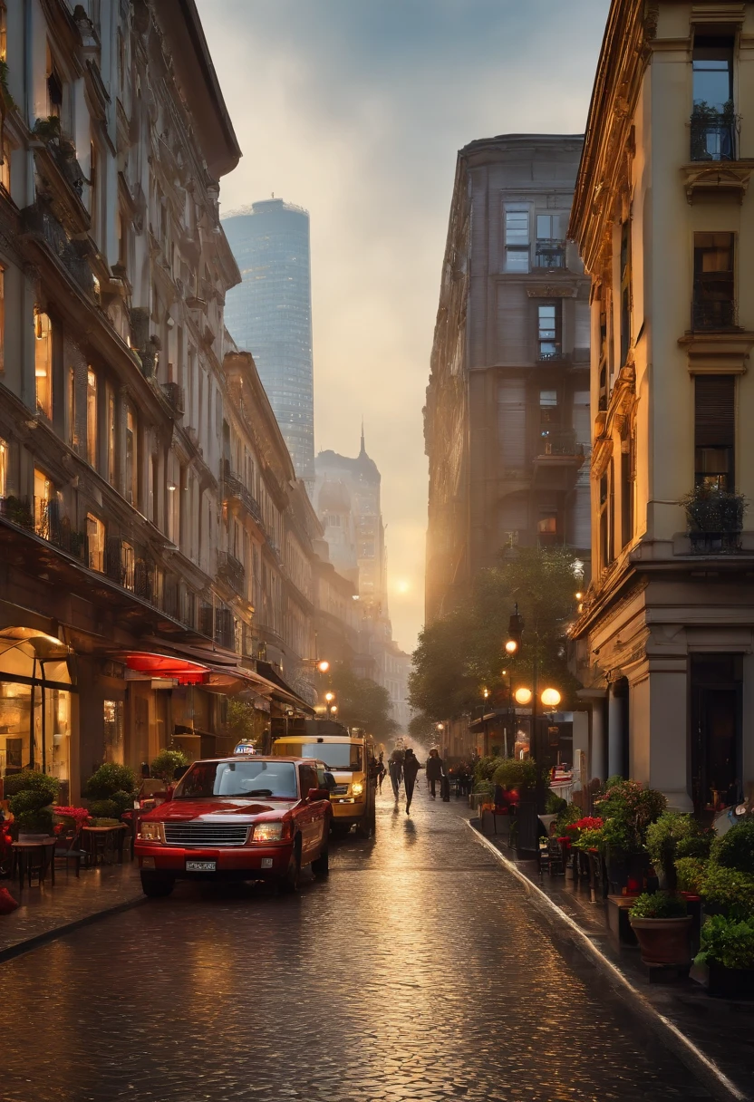 (best quality,4k,highres,masterpiece:1.2),ultra-detailed,realistic,photorealistic:1.37,colorful, vibrant, lively, urban landscape, bustling streets, (rainy weather), (city lights), (reflection of lights on wet ground), tall buildings, architecture, (skyscrapers), (modern, futuristic buildings), (tree-lined streets), (people walking, bustling crowds), (street vendors), (cafes and bistros), (traffic), (public transportation), (bicycles), (pedestrian bridges), (fountains), (parks and squares), (street art), (city skyline), (pigeons flying), (pedestrian crossings), (billboards and advertisements), (shops and boutiques), (historical landmarks), (cobblestone streets), (street musicians), (city landmarks), (colorful graffiti), (food trucks), (street performers), (street signs and traffic lights), (busy intersections), (nostalgic atmosphere), (flower stands), (cultural diversity), (various architectural styles), (vibrant nightlife), (cityscape), (coffee shops and bakeries), (vintage cars), (busy cafes), (aromatic food smells), (narrow alleys), (hidden gems), (city outskirts), (stunning views), (playful street art).