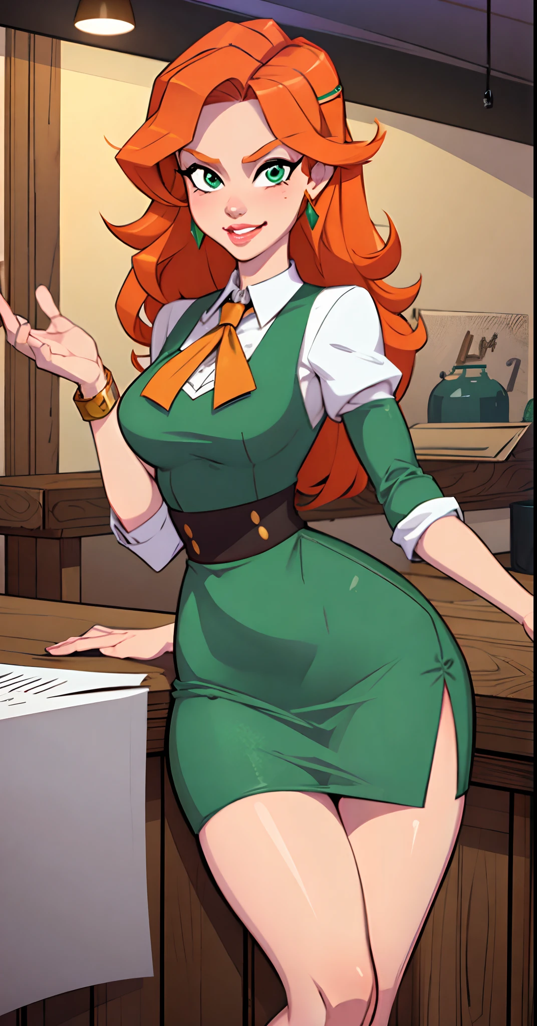 1 girl, stewardess, best quality, Masterpiece, cowboy shot, orange hair, green eyes, tight cloth, pencil skirt, ((( huge fake breasts:7.9 )))